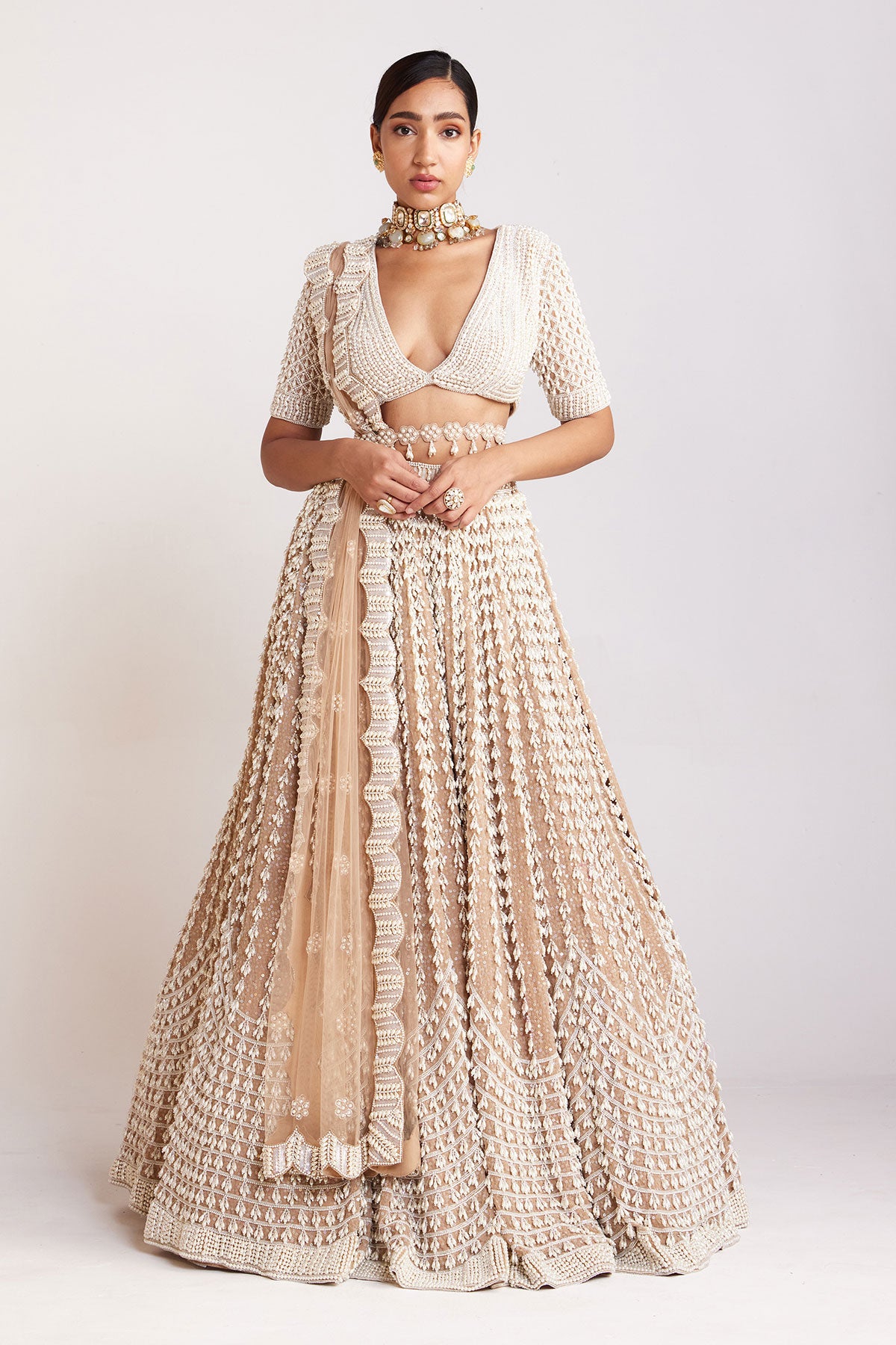 Beige V Neck Chandelier Pearl Lehenga Set