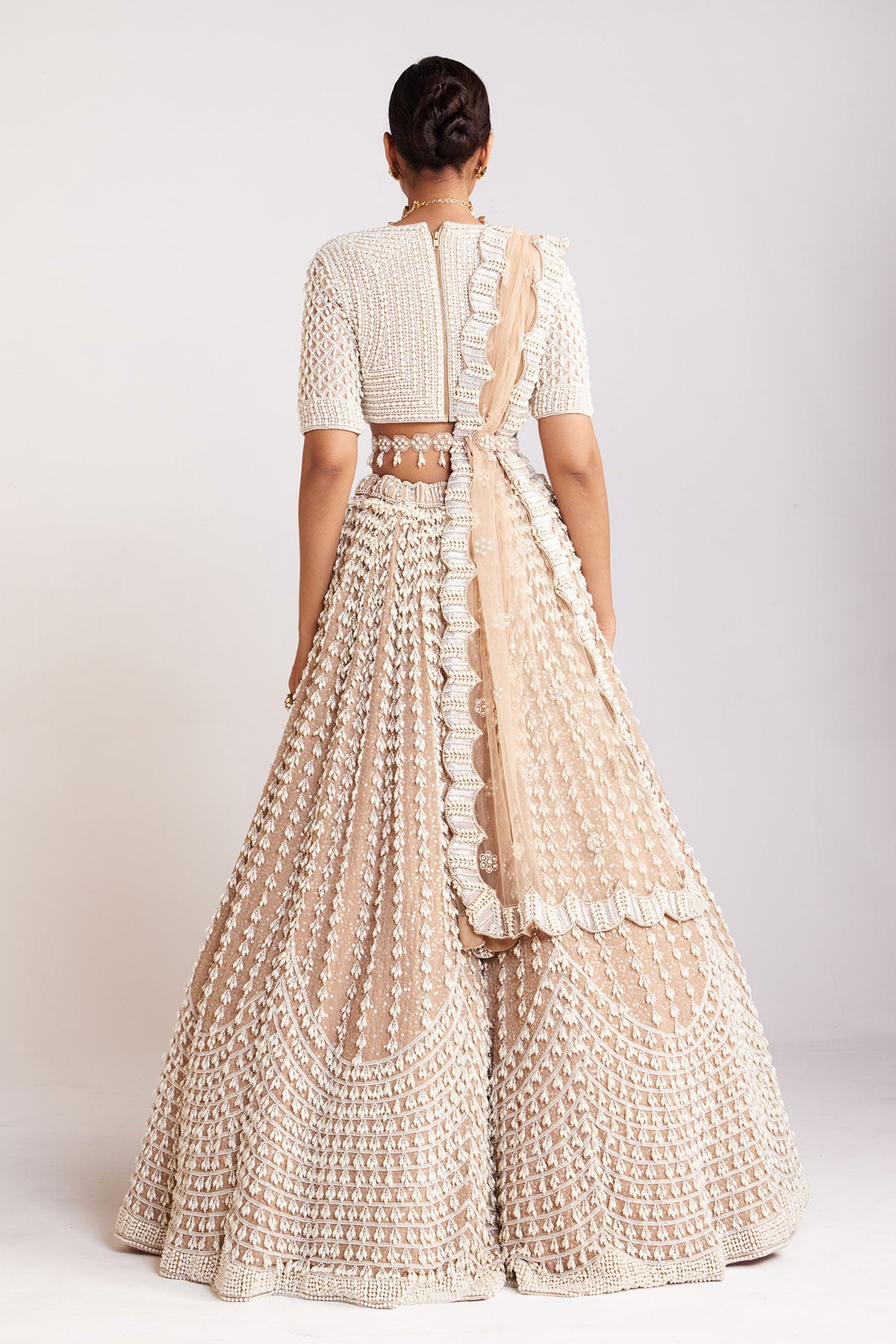 Beige V Neck Chandelier Pearl Lehenga Set