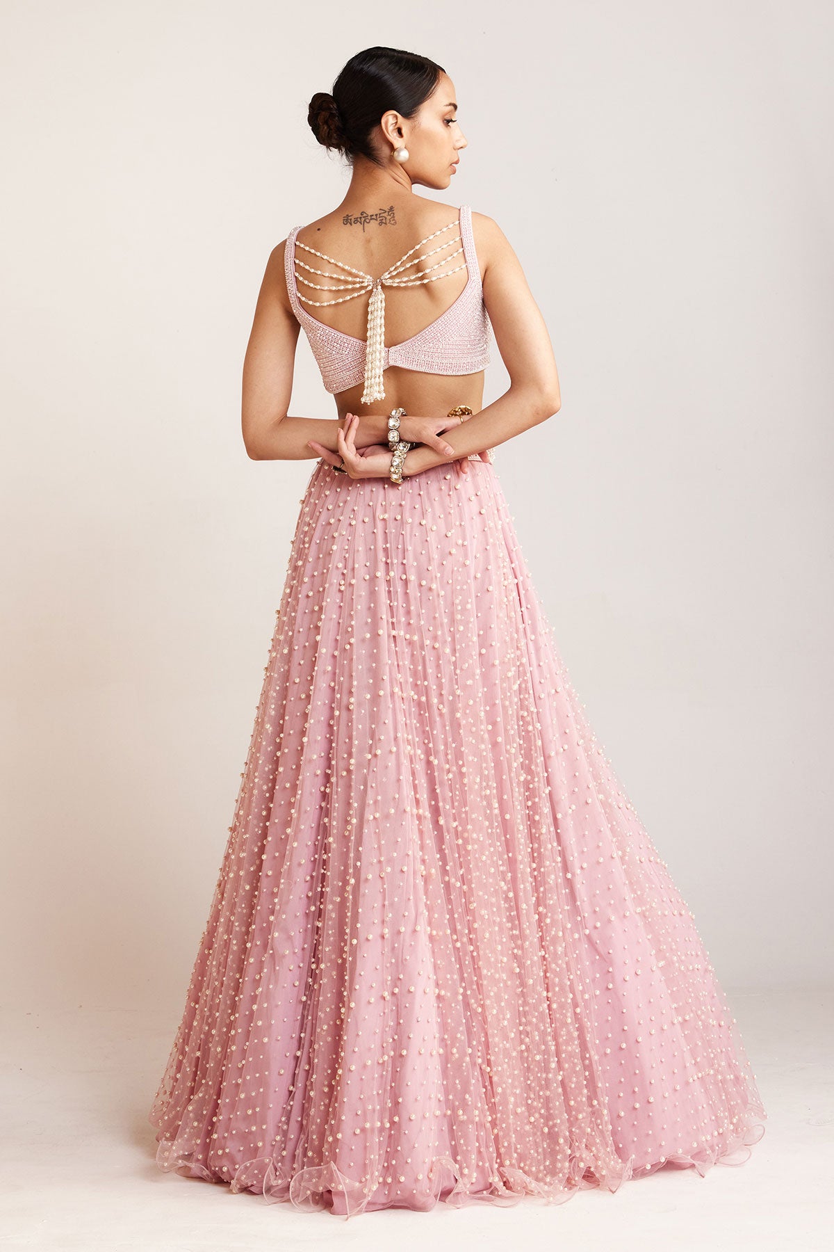 Powder Pink Dense Pearl Lehenga Set