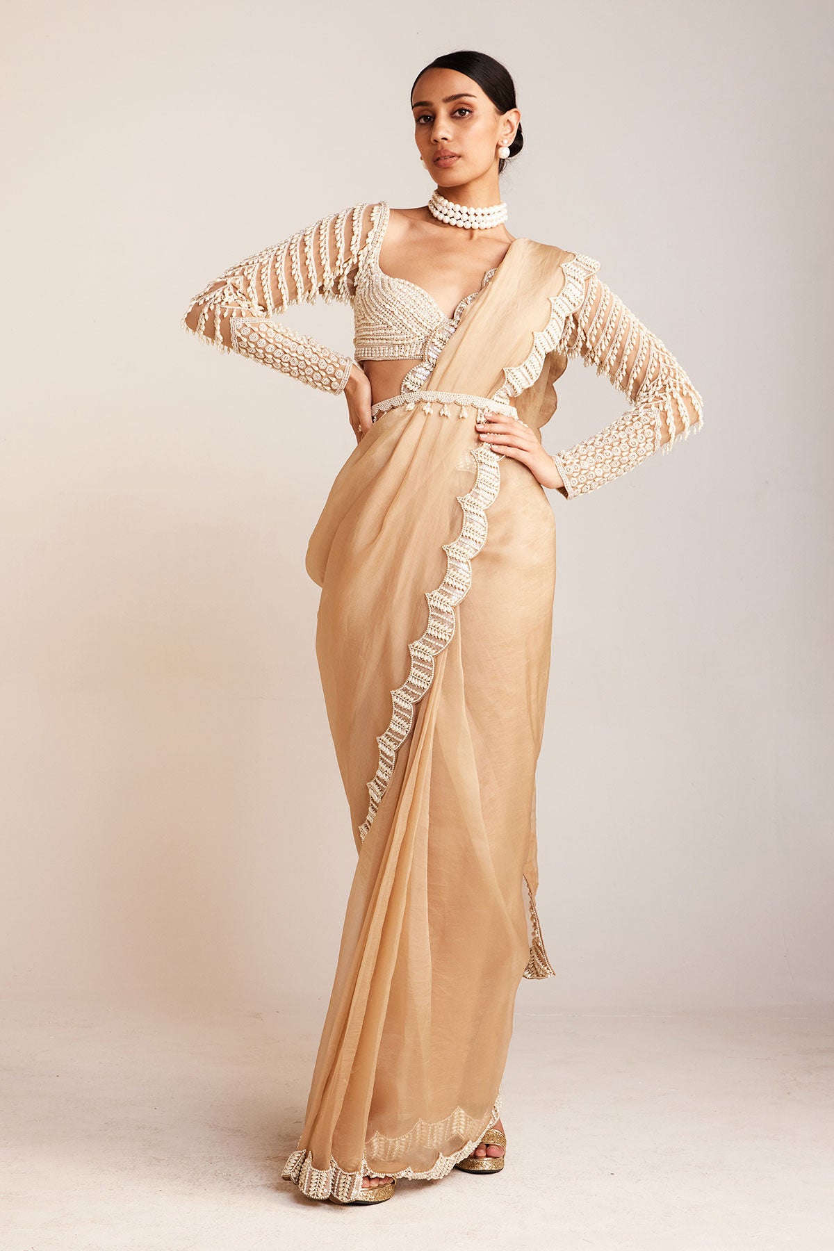 Beige Chandelier Drop Pre-Draped Saree Set