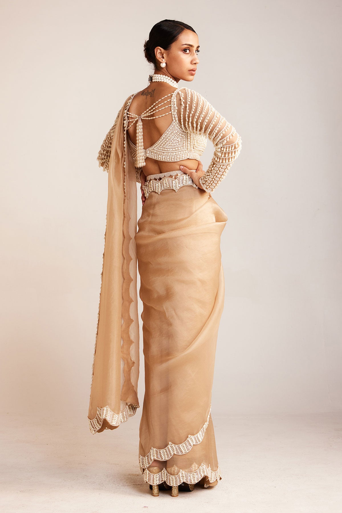 Beige Chandelier Drop Pre-Draped Saree Set