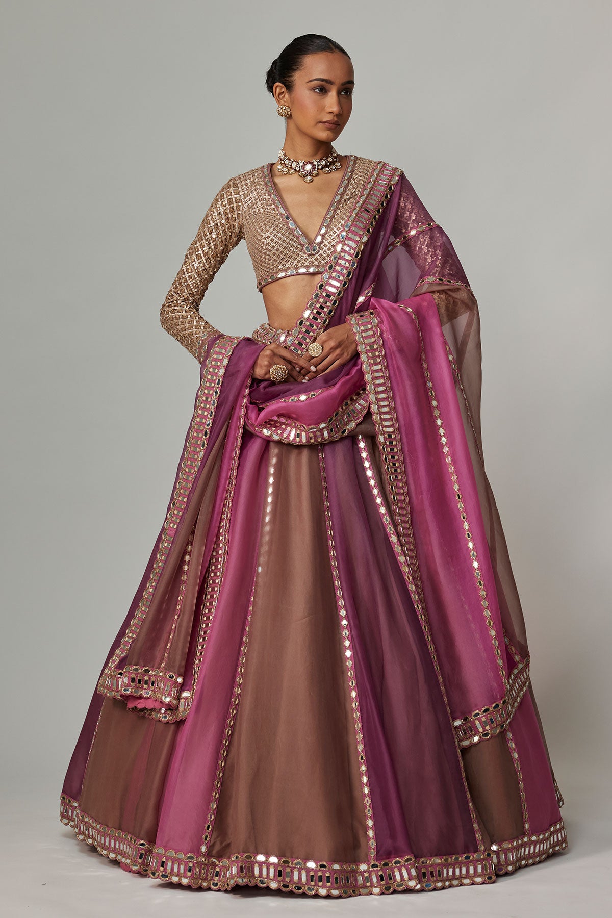 Mud Mauve Multicolor Lehenga With V Neck Blouse