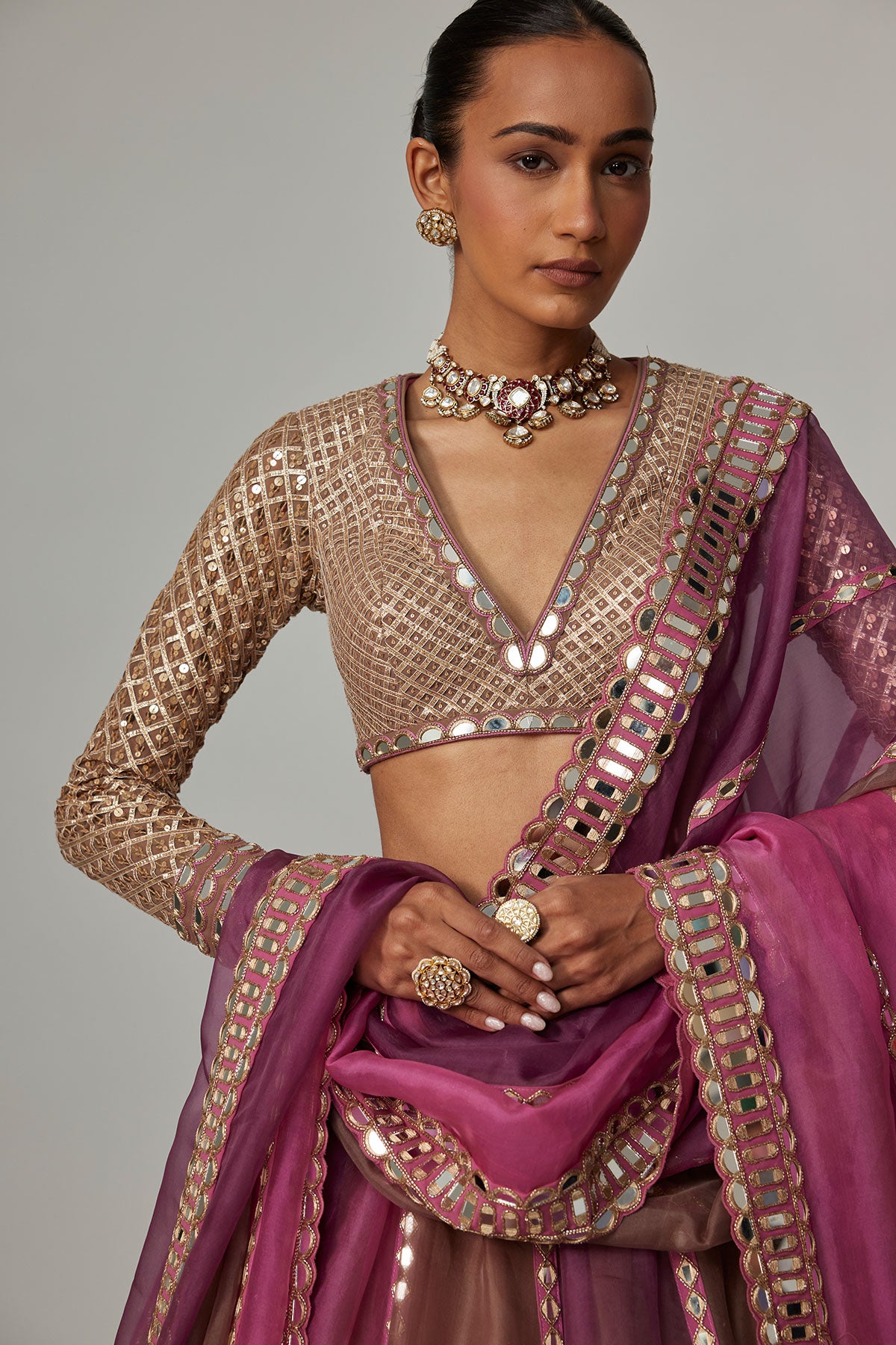Mud Mauve Multicolor Lehenga With V Neck Blouse