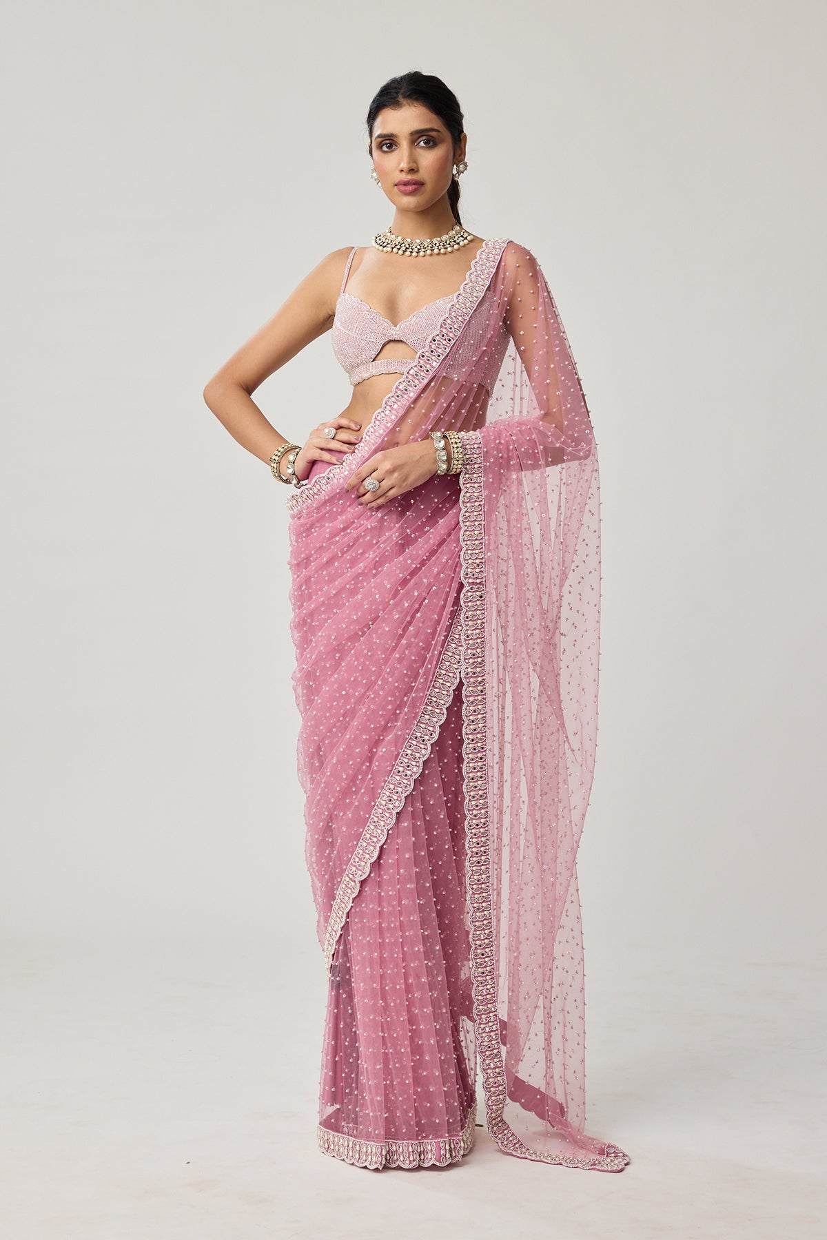 Onion Pink Pearl Scattered Net saree set