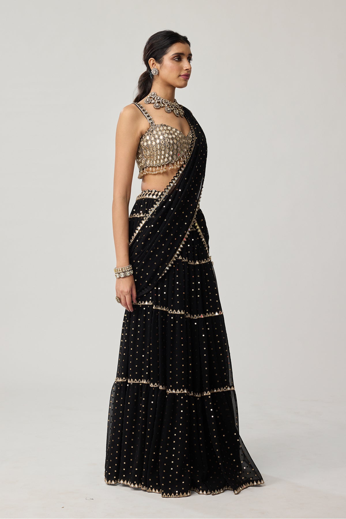 Black Georgette Multi-tier Saree Set