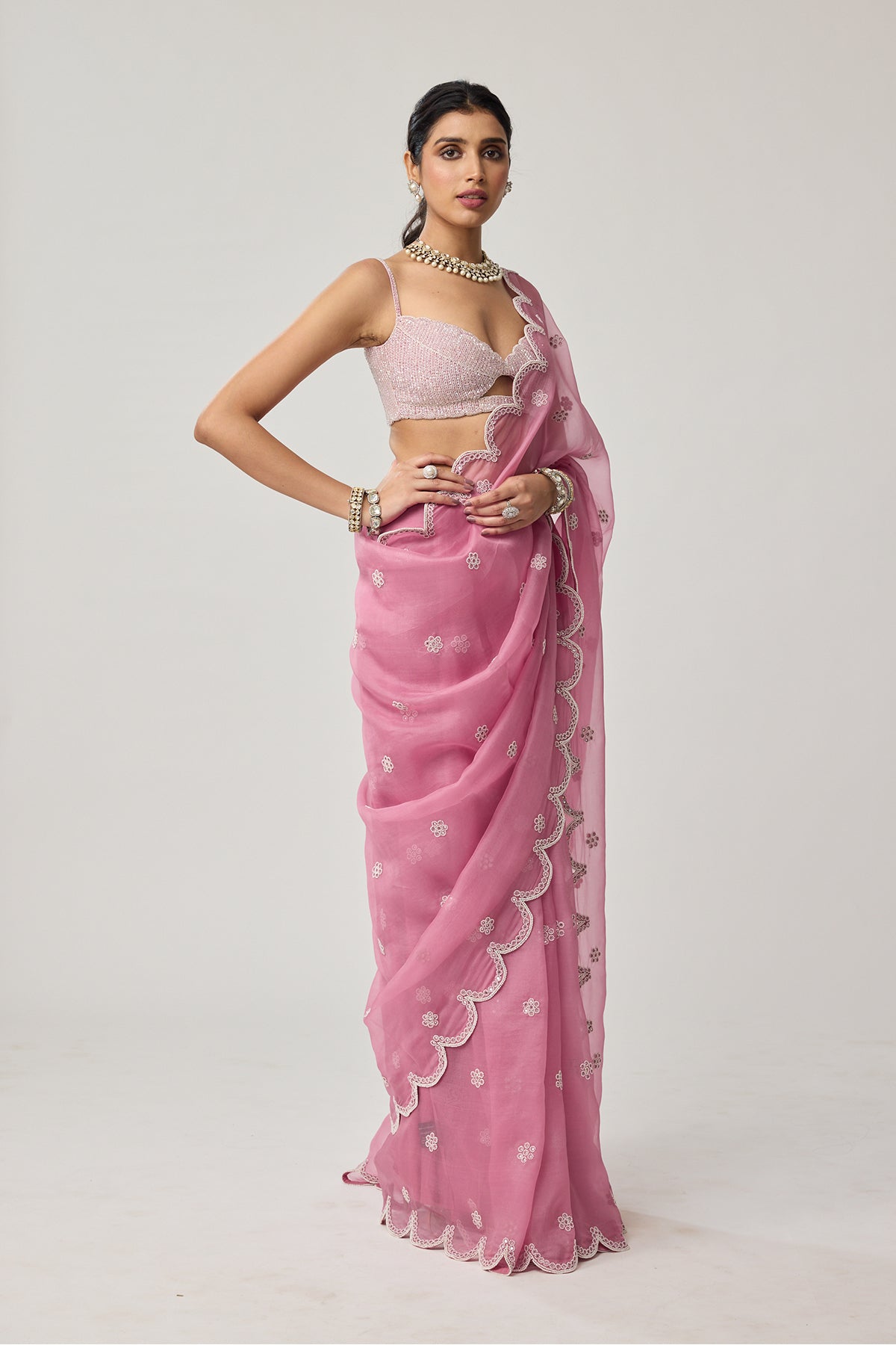Onion Pink Organza Pearl saree set
