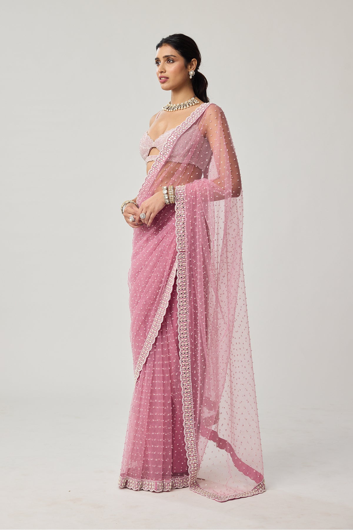 Onion Pink Pearl Scattered Net saree set