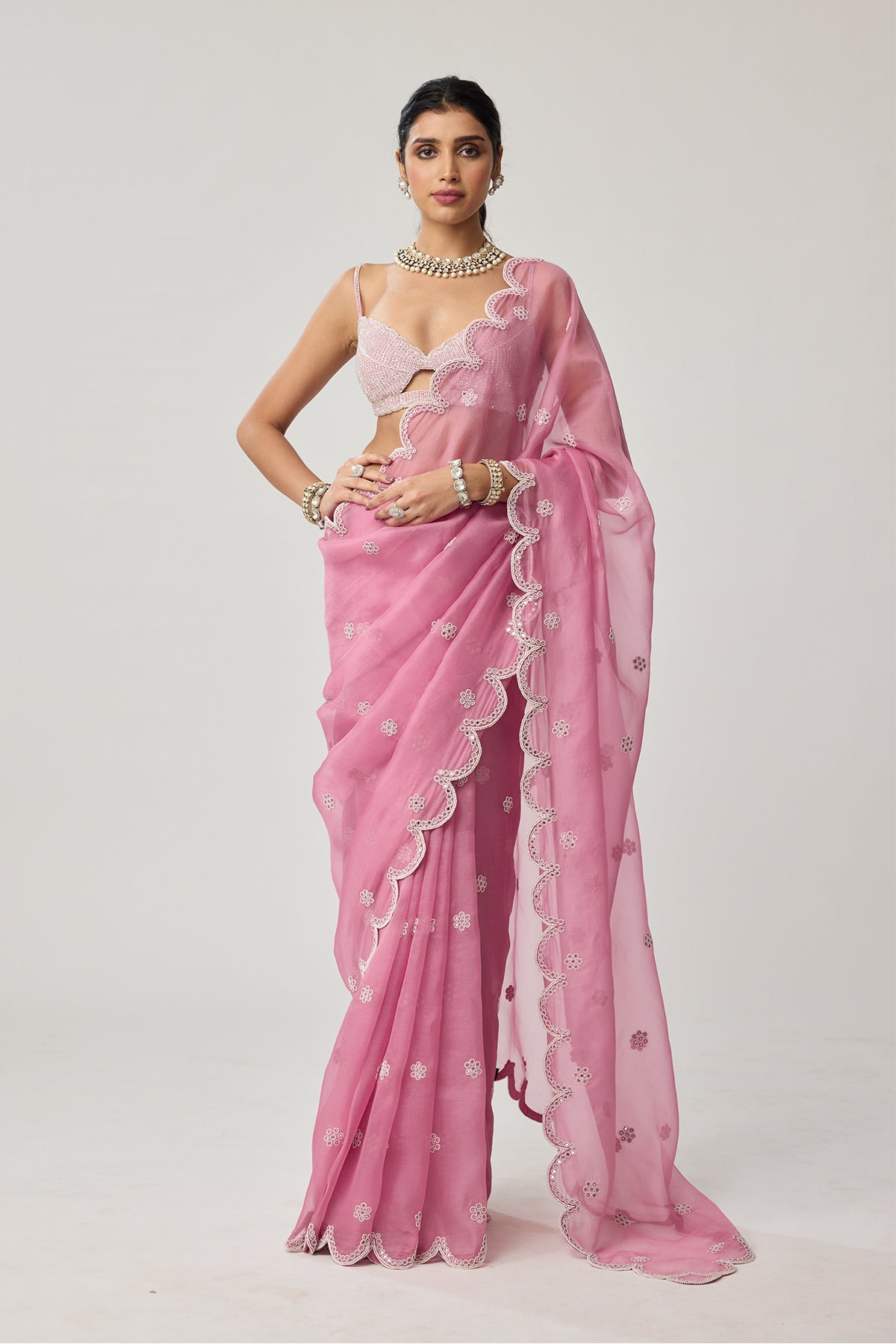 Onion Pink Organza Pearl saree set