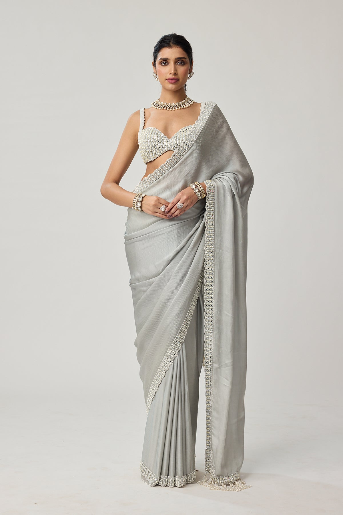 Powder Grey Chiffon Pearl and Mirror saree set