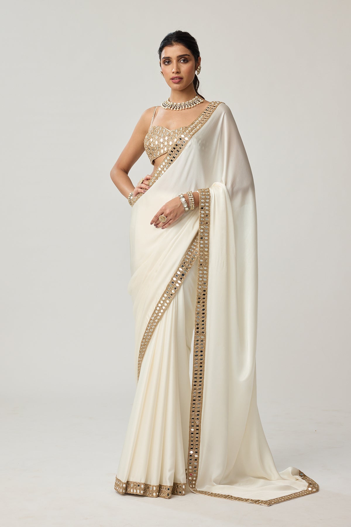 Off White Mirror Satin Saree Set