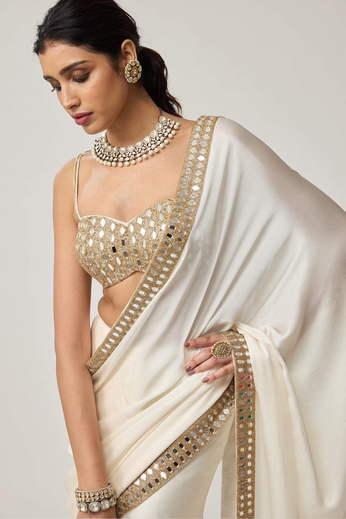 Off White Mirror Satin Saree Set