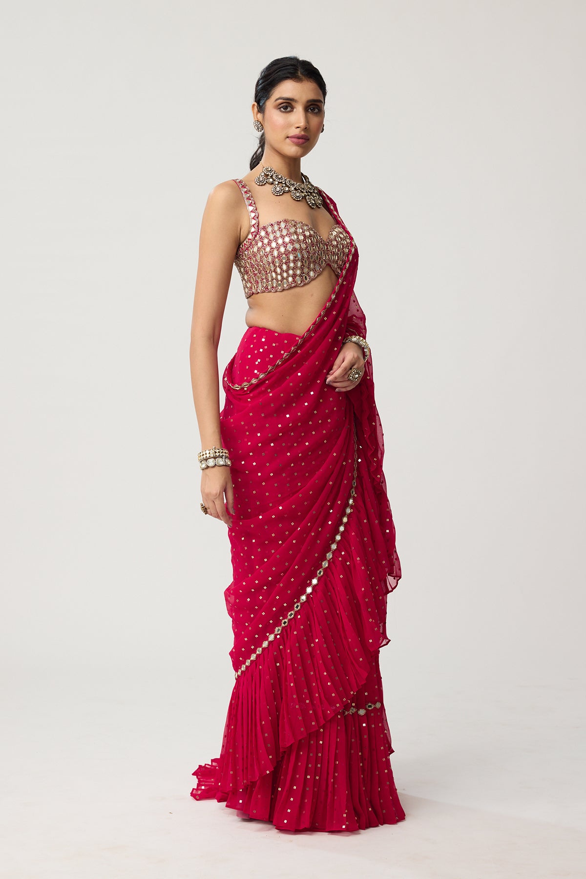 Crimson Red Ruffle Sequins Mirror Saree Set
