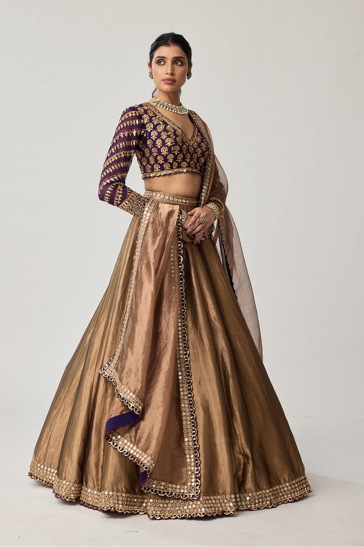 Copper Tissue Mughal Motif Lehenga Set