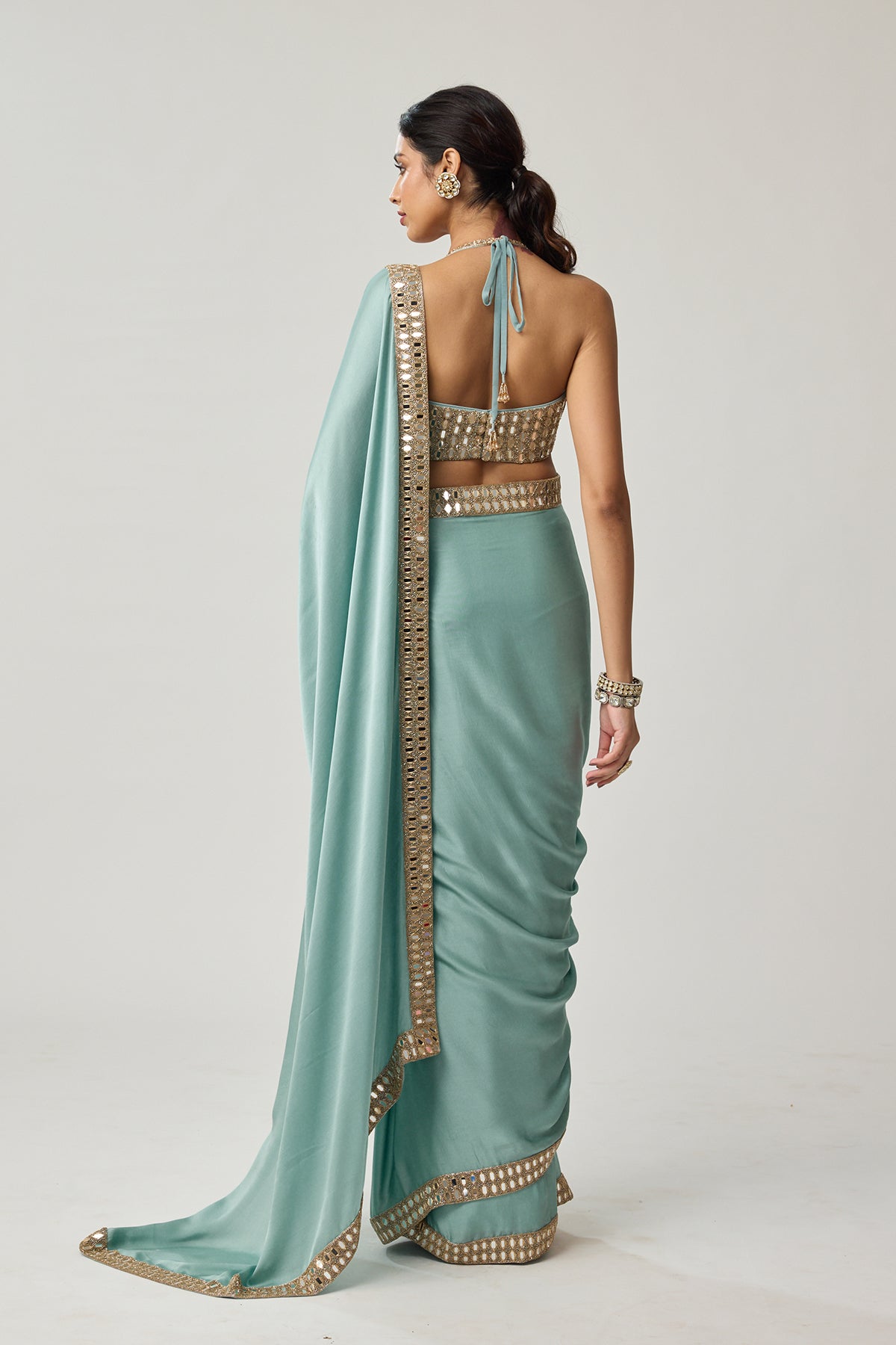 Powder Blue Mirror Satin Saree Set