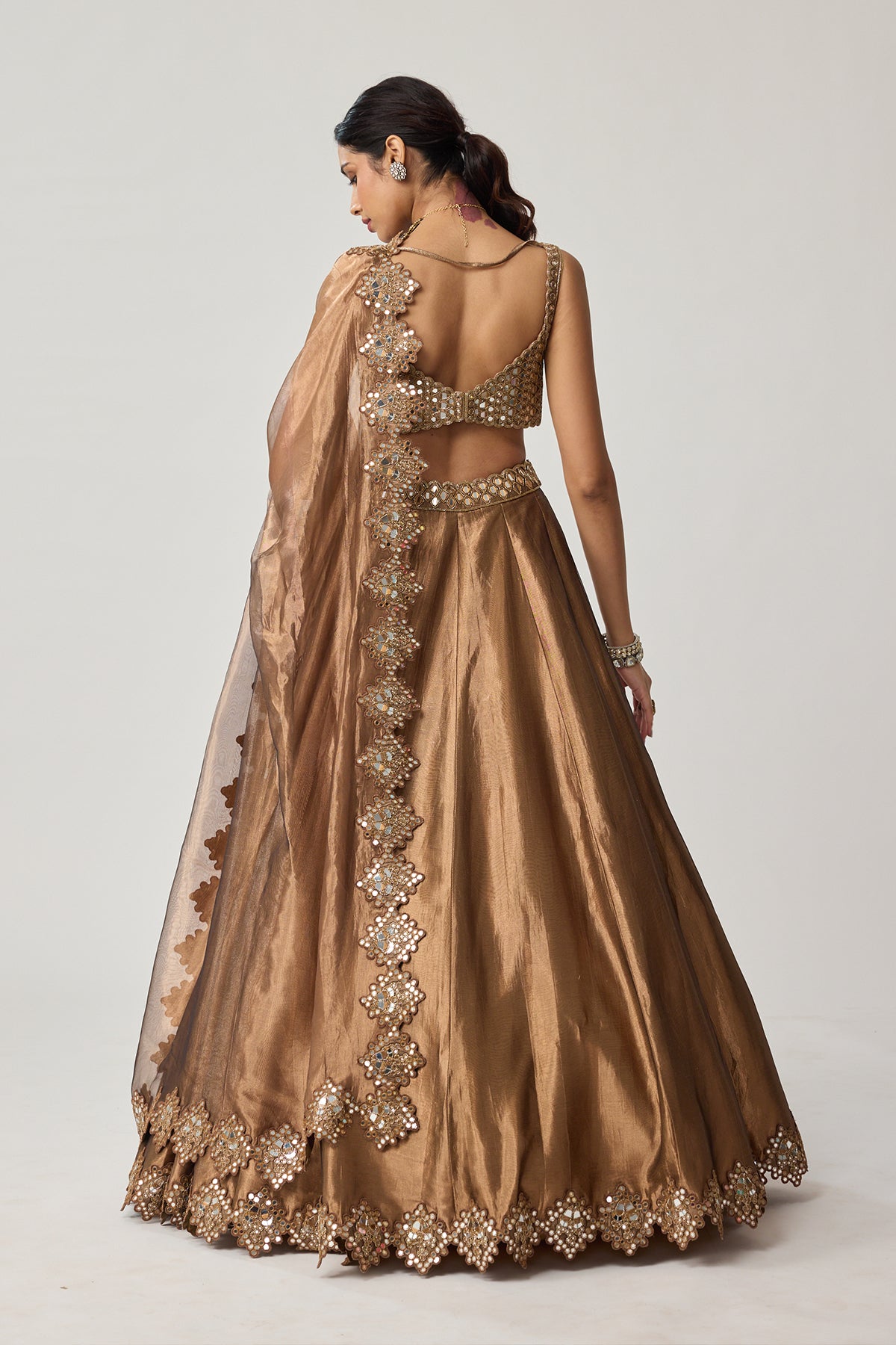 Copper Tissue Mirror Geometry Lehenga Set