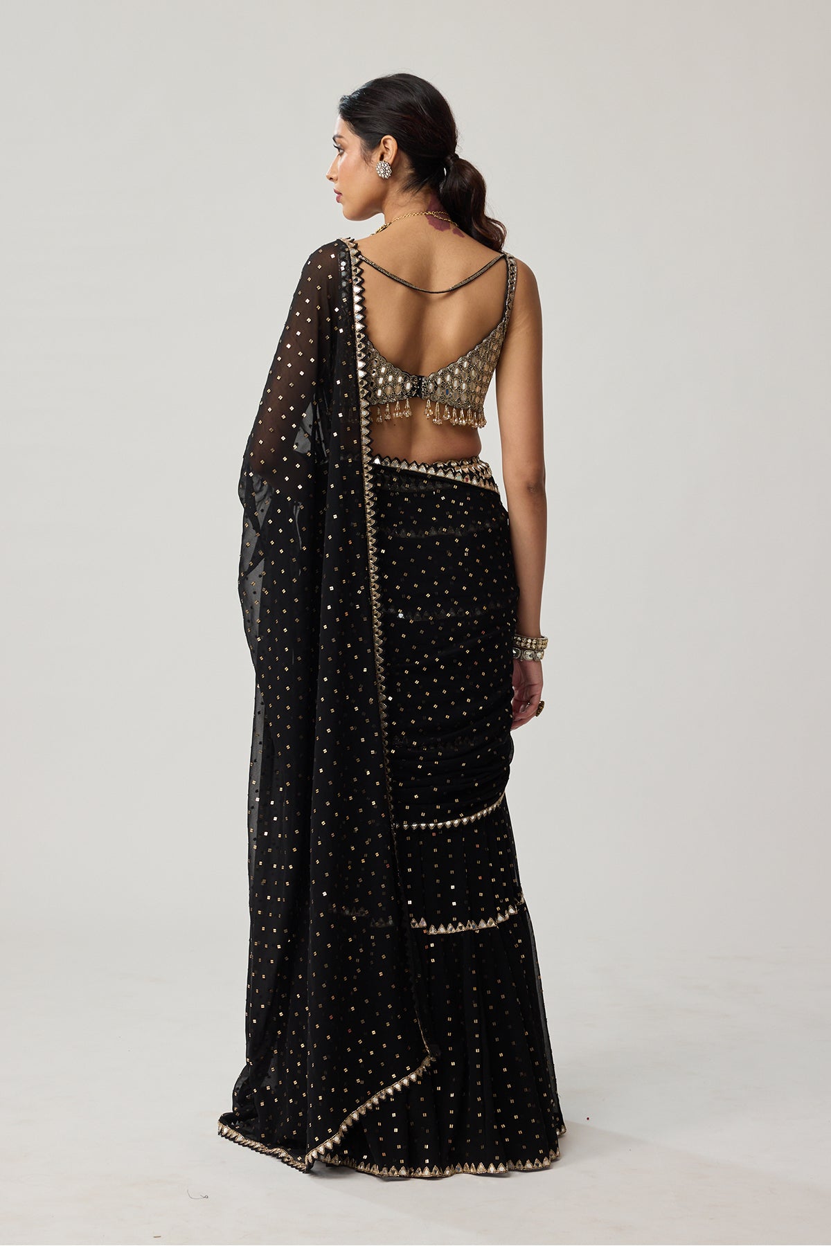 Black Georgette Multi-tier Saree Set