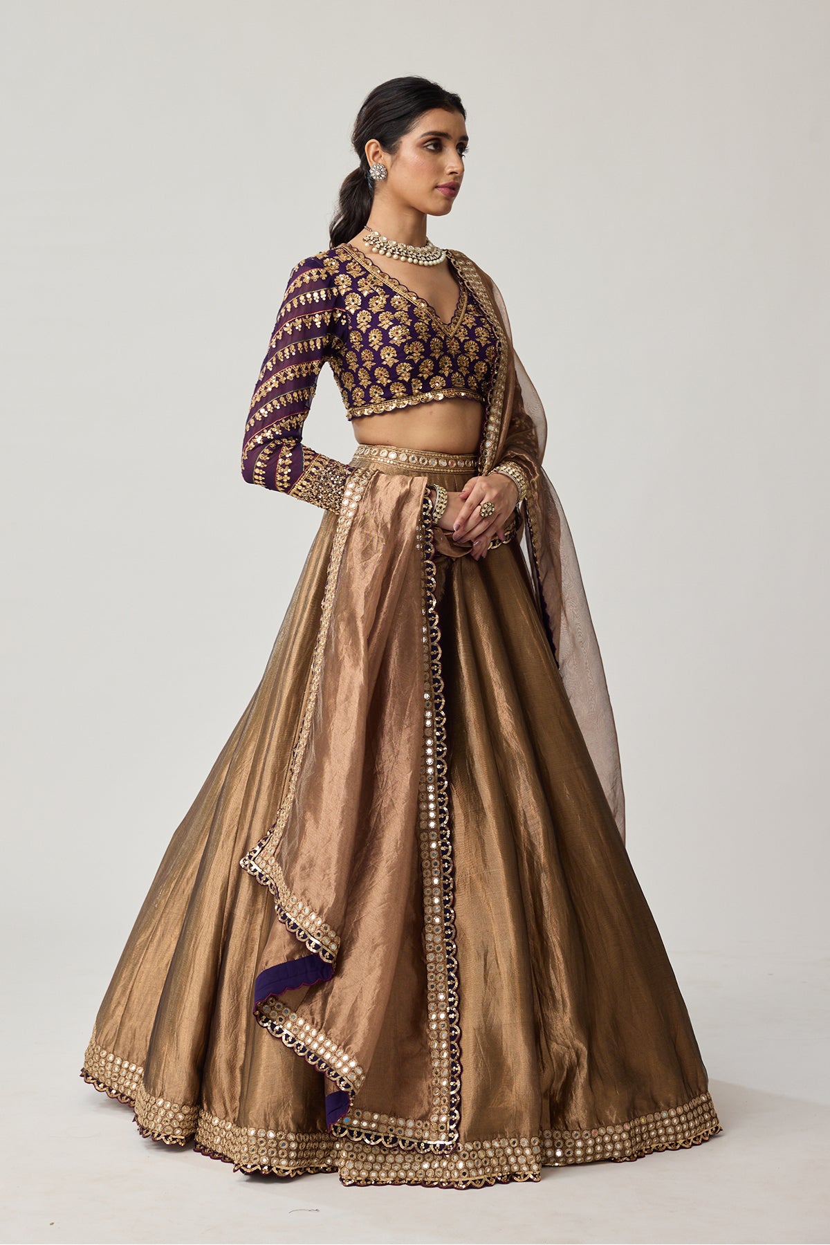 Copper Tissue Mughal Motif Lehenga Set