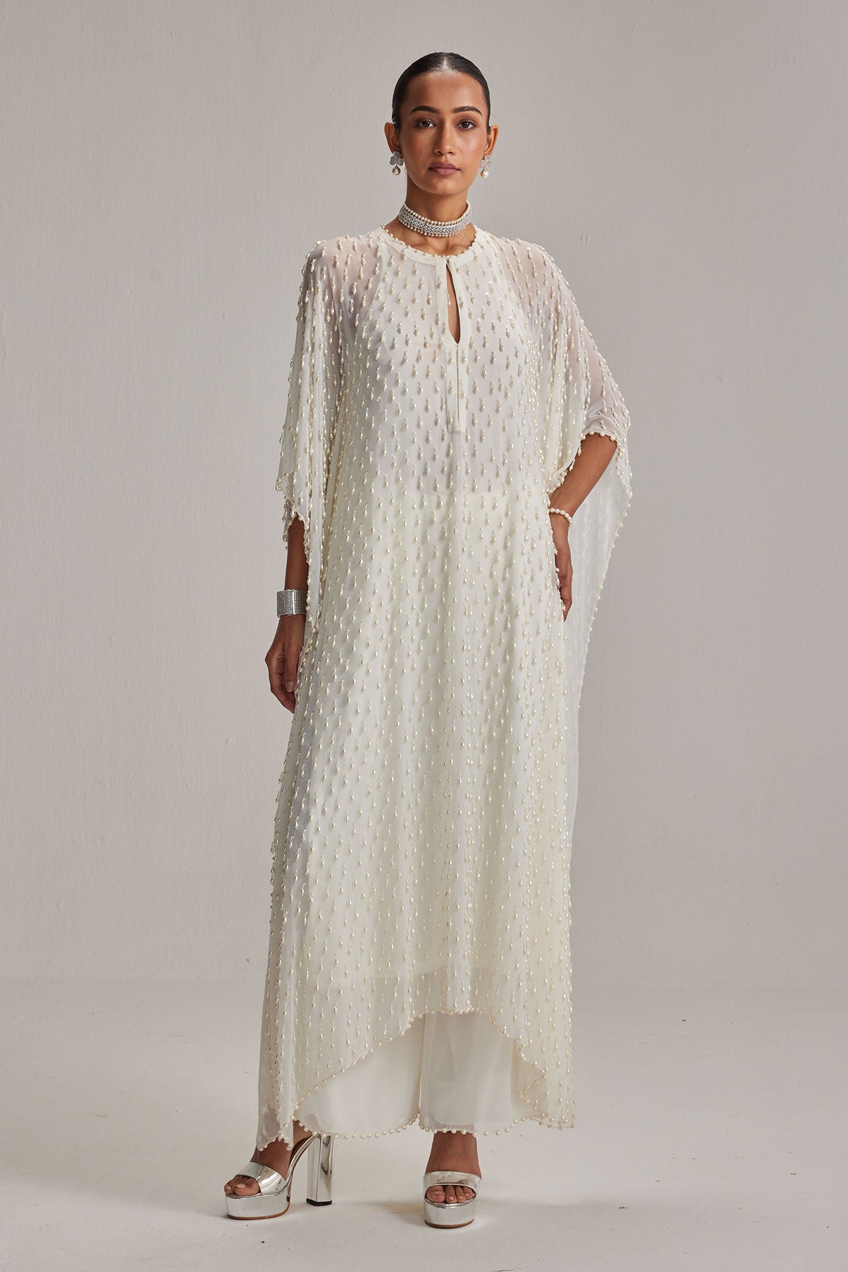 Off White Pearl Drop Kaftaan set