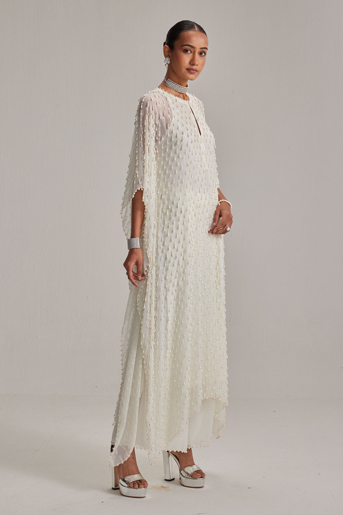 Off White Pearl Drop Kaftaan set