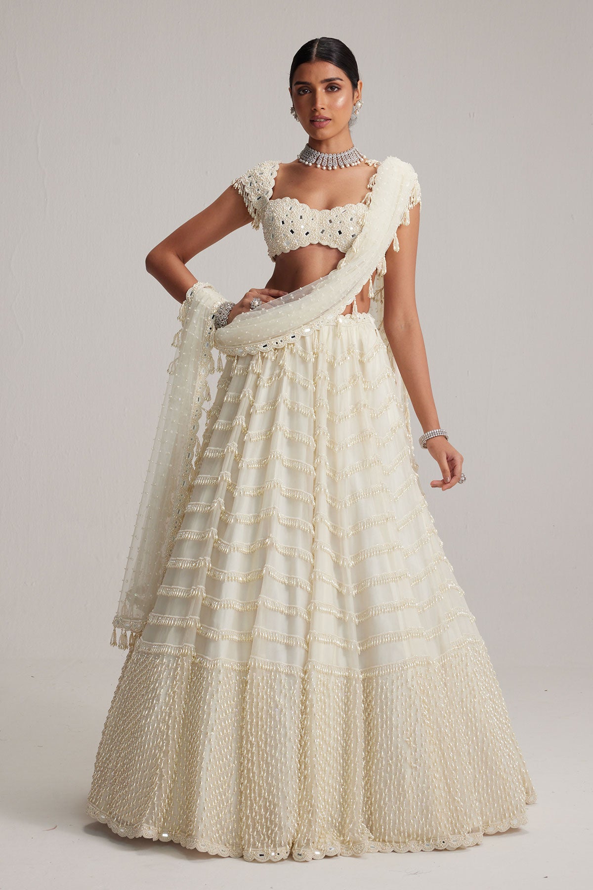 Off White Mirror and Pearl Drop Bridal lehenga set