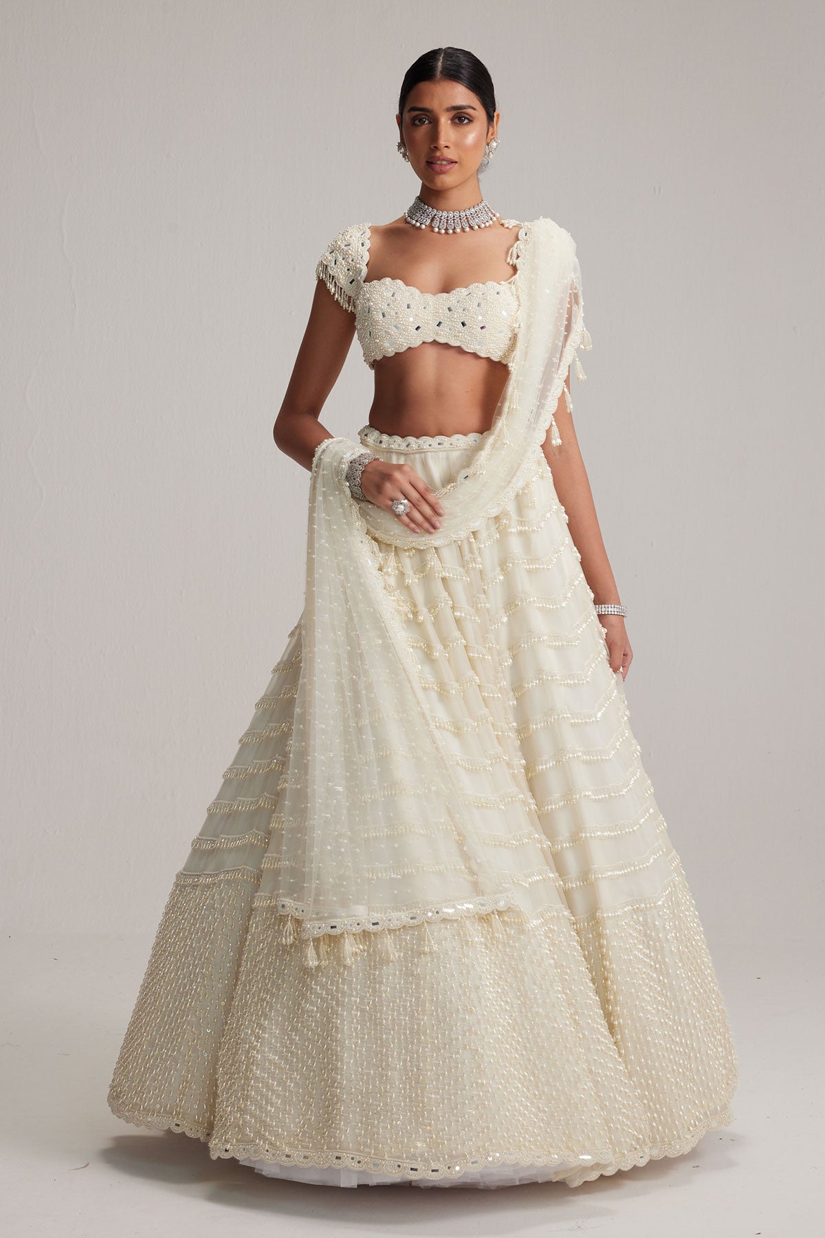 Off White Mirror and Pearl Drop Bridal lehenga set