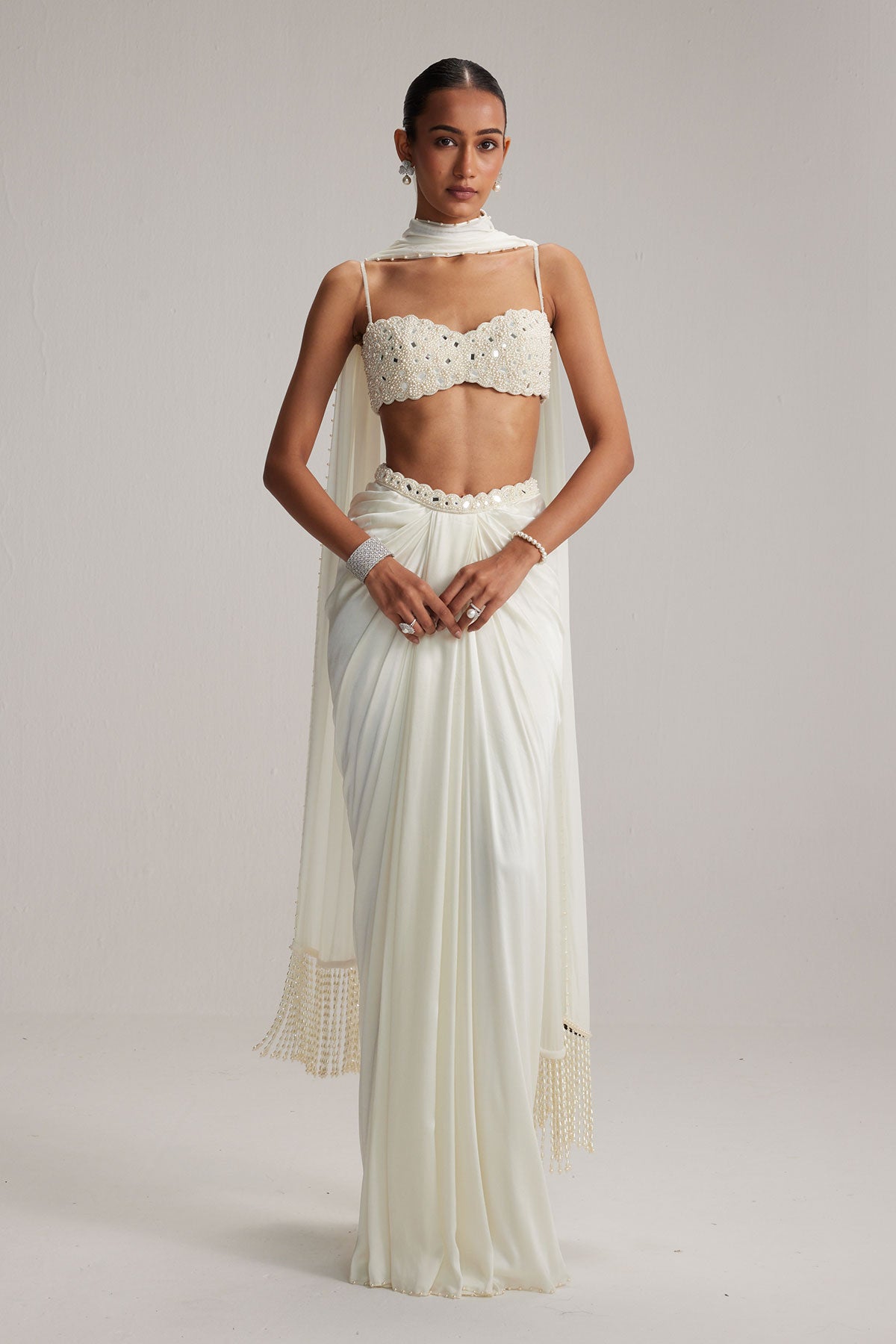 Off White Satin Draped Skirt Set