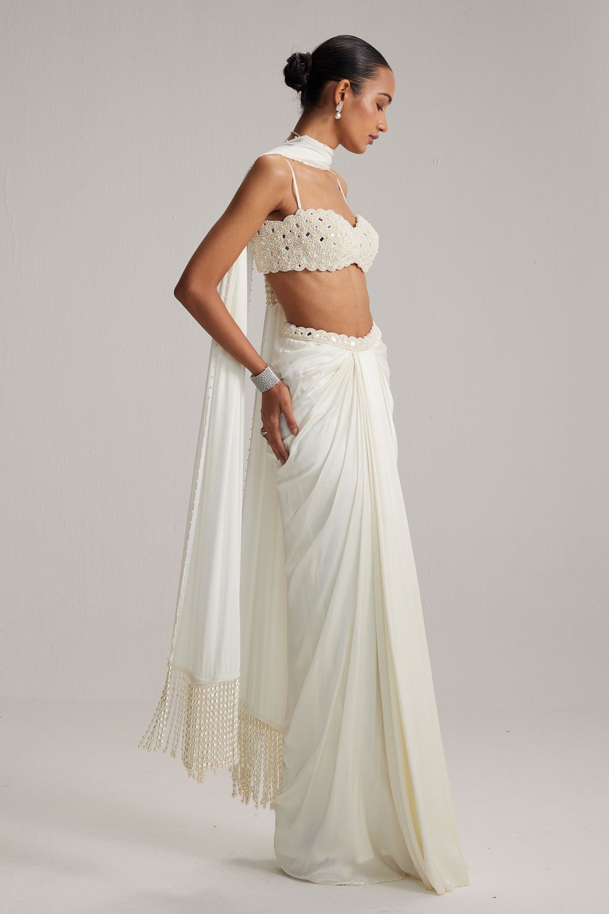 Off White Satin Draped Skirt Set