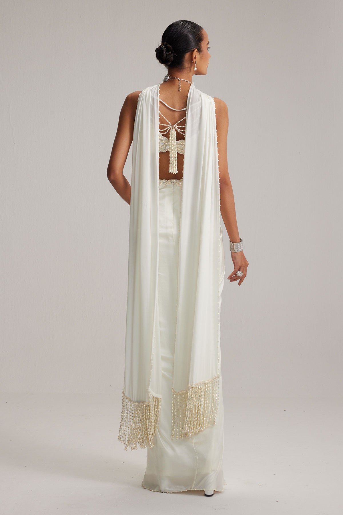 Off White Satin Draped Skirt Set