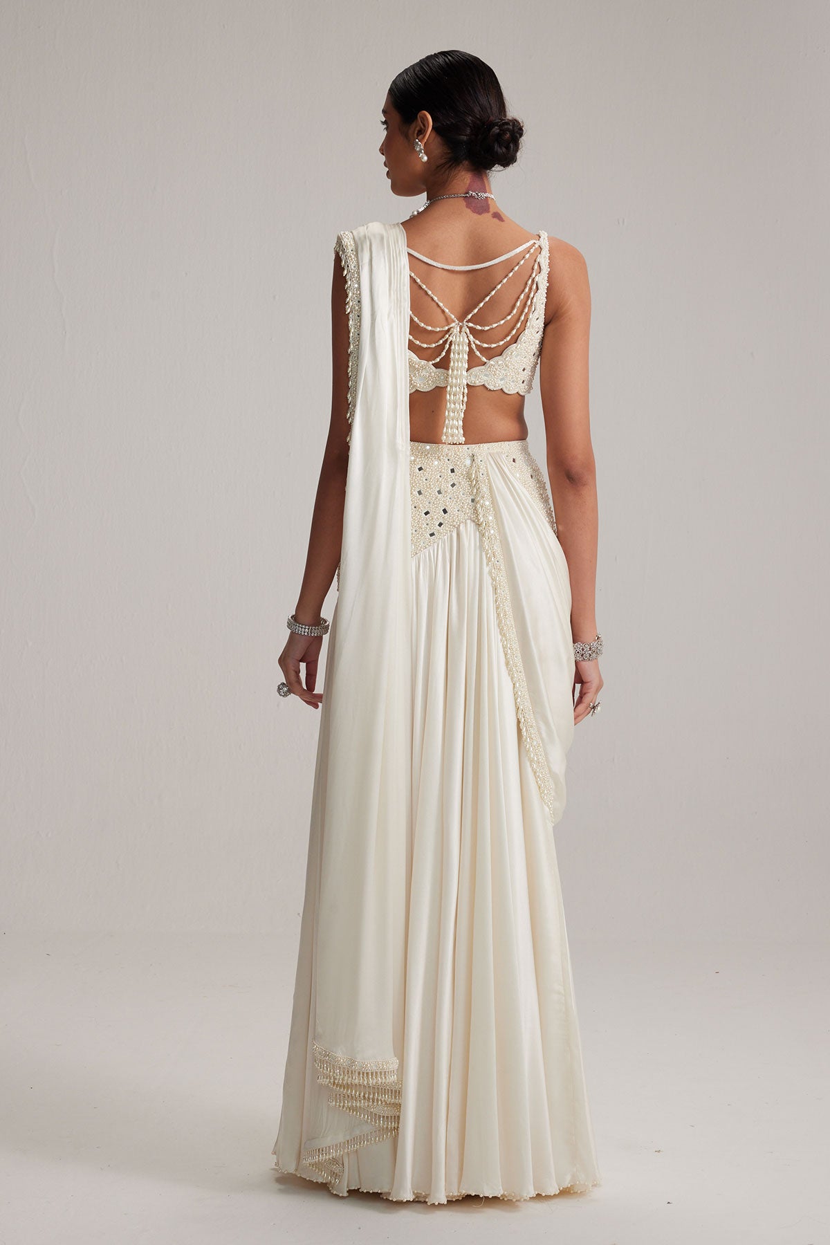 Off White Pearl and Mirror Embroidered satin draped saree set