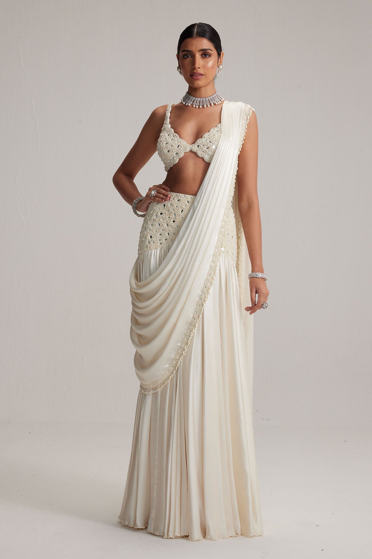 Off White Pearl and Mirror Embroidered satin draped saree set