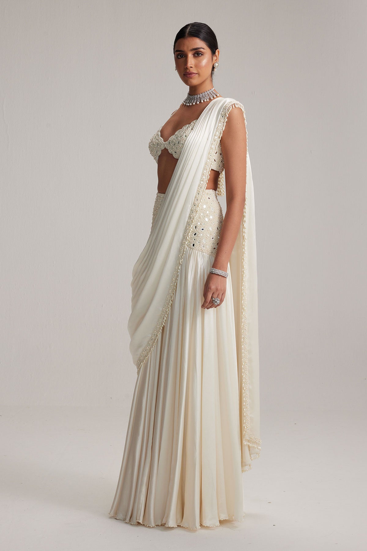Off White Pearl and Mirror Embroidered satin draped saree set