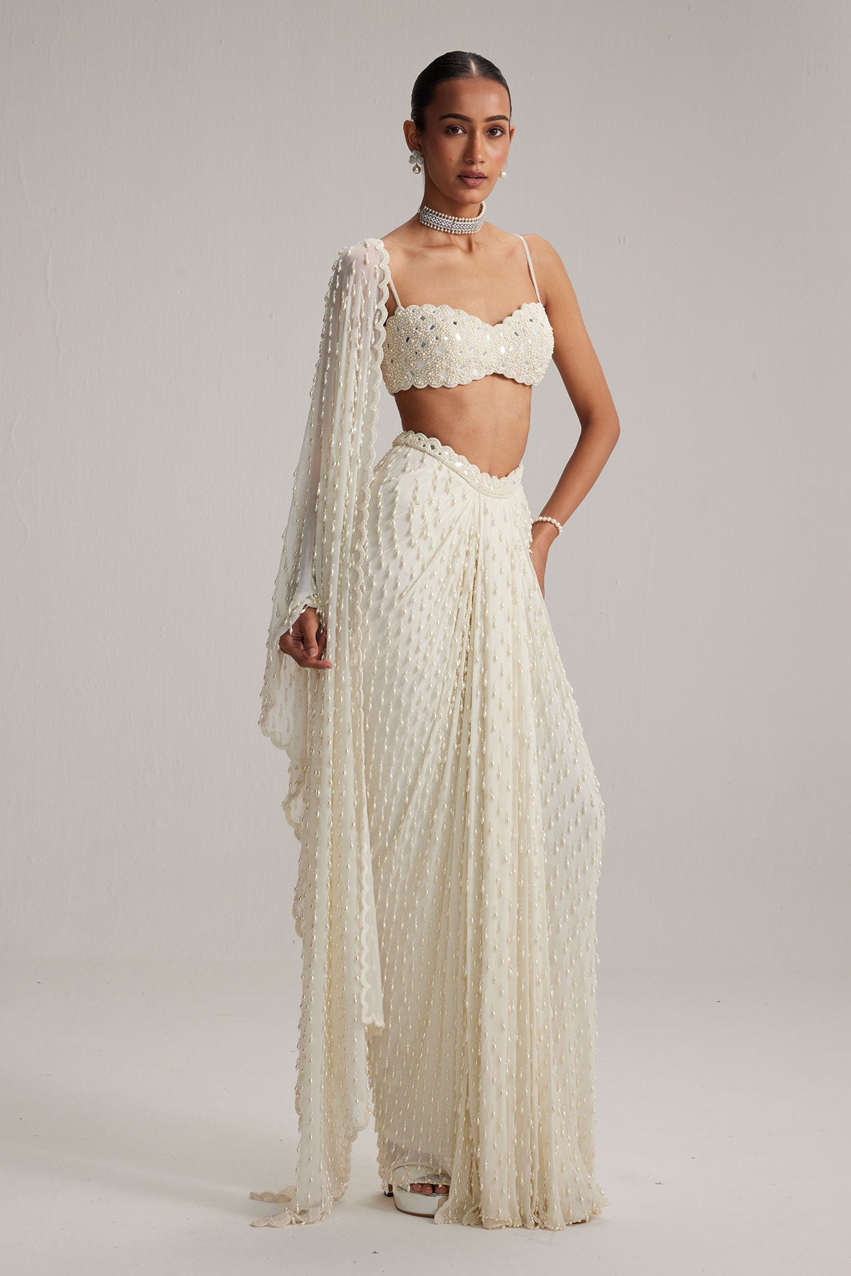 Pearl White Dense Drop Draped Skirt set