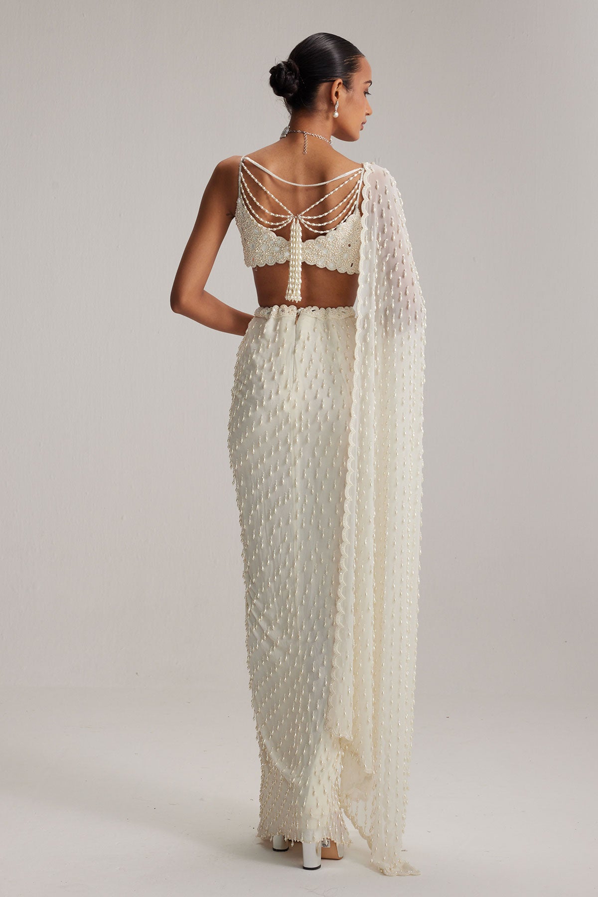 Pearl White Dense Drop Draped Skirt set