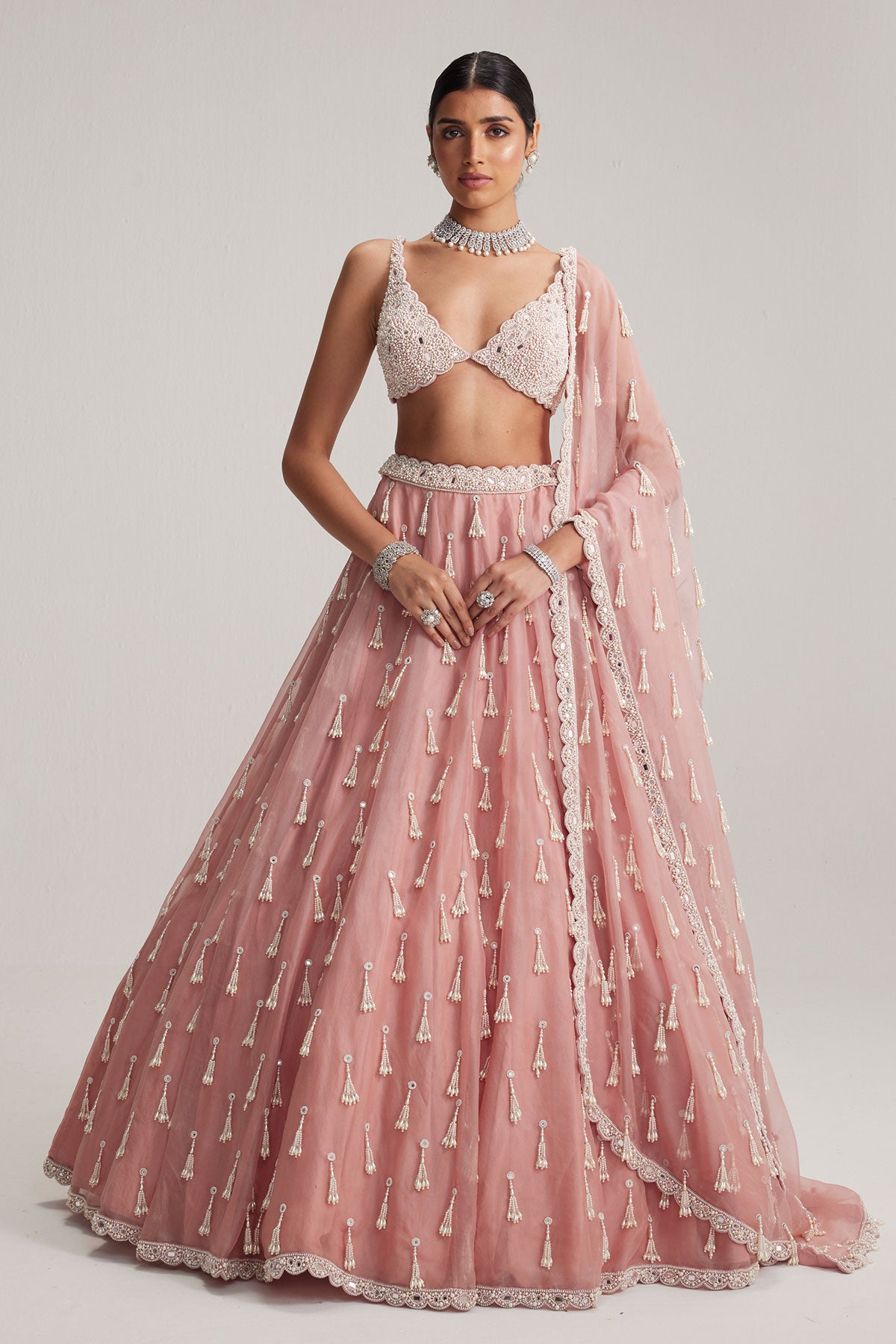 Dusty Rose Organza Long pearl tassels lehenga set