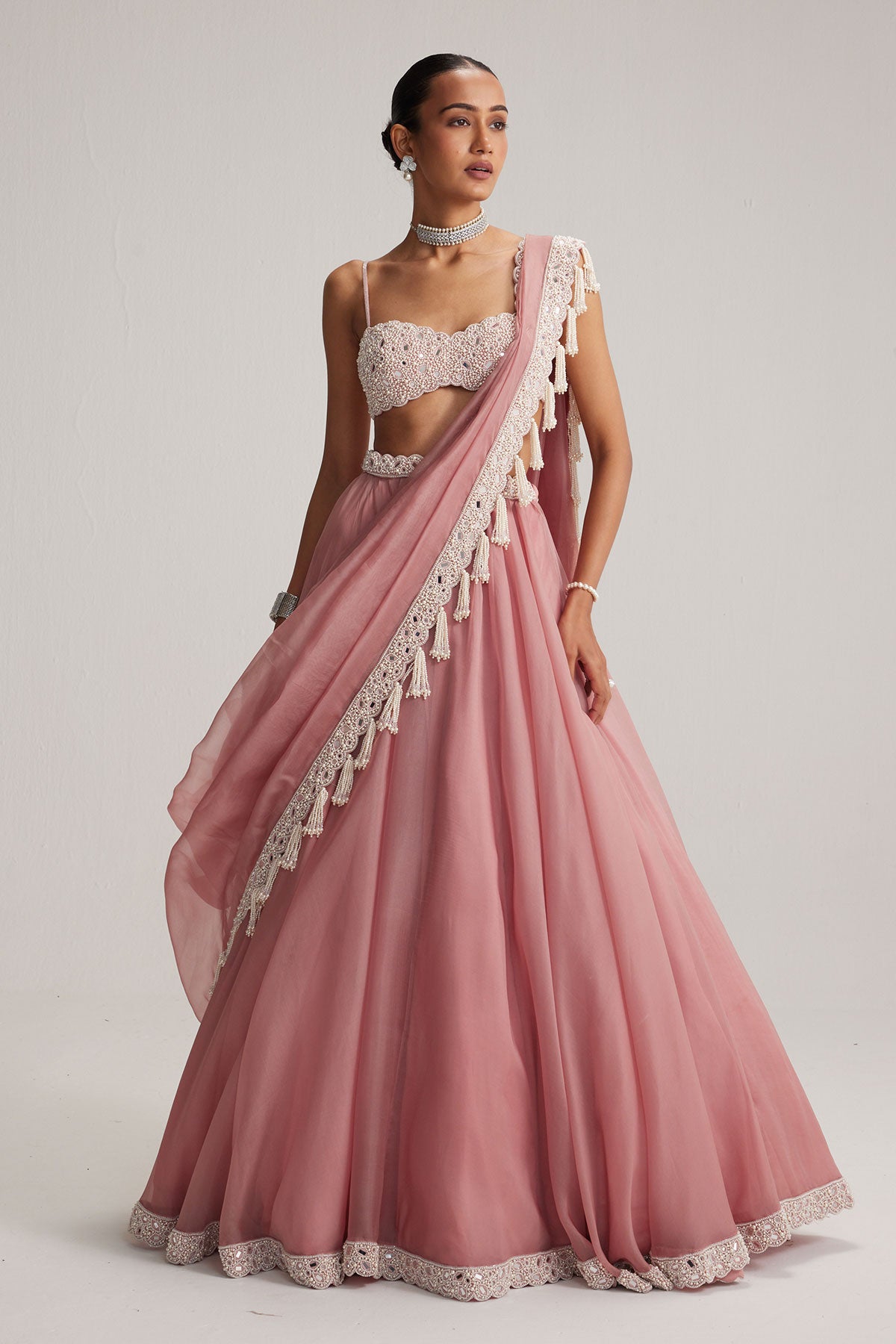 Dusty Rose Organza mirror and pearl lehenga set
