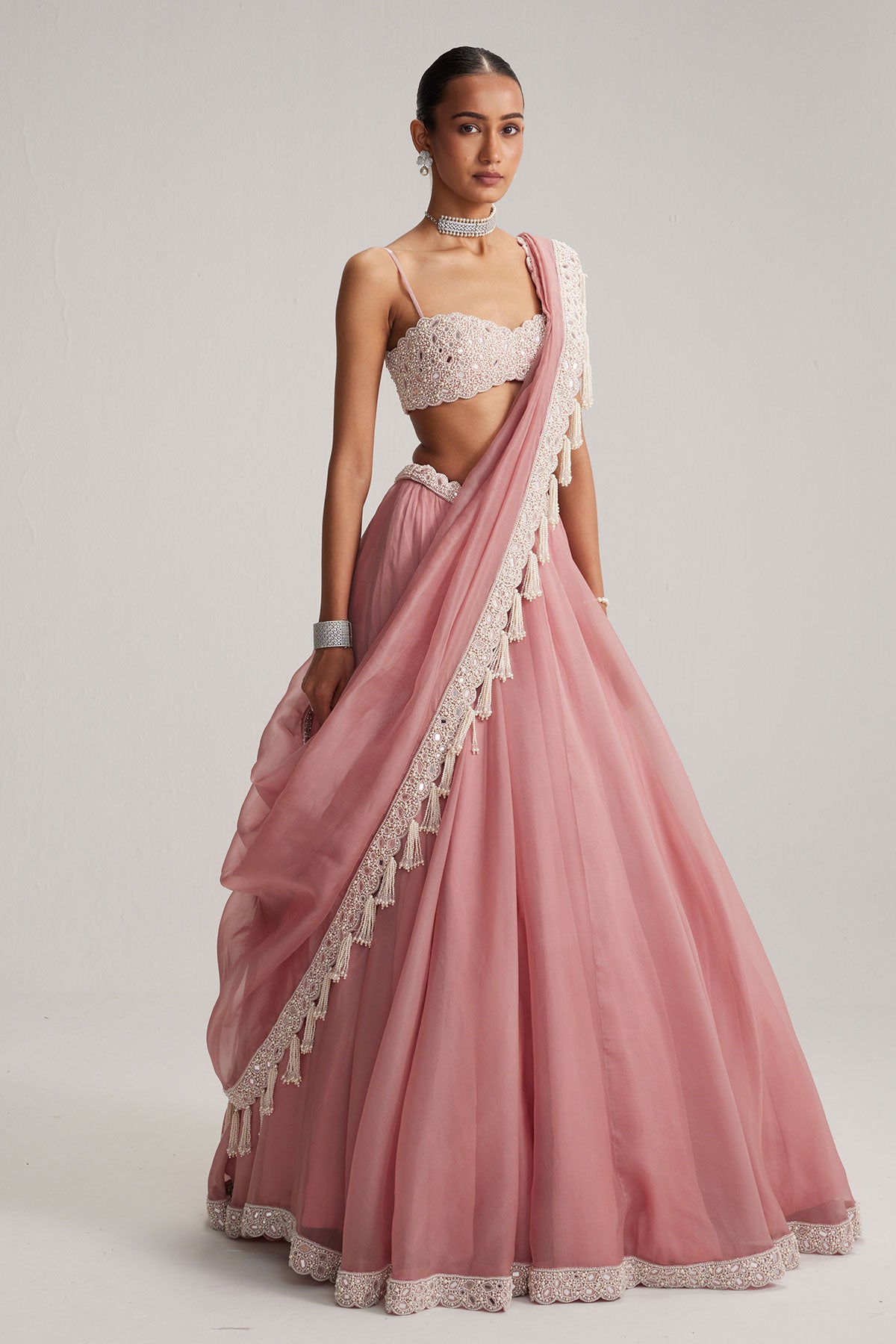 Dusty Rose Organza mirror and pearl lehenga set