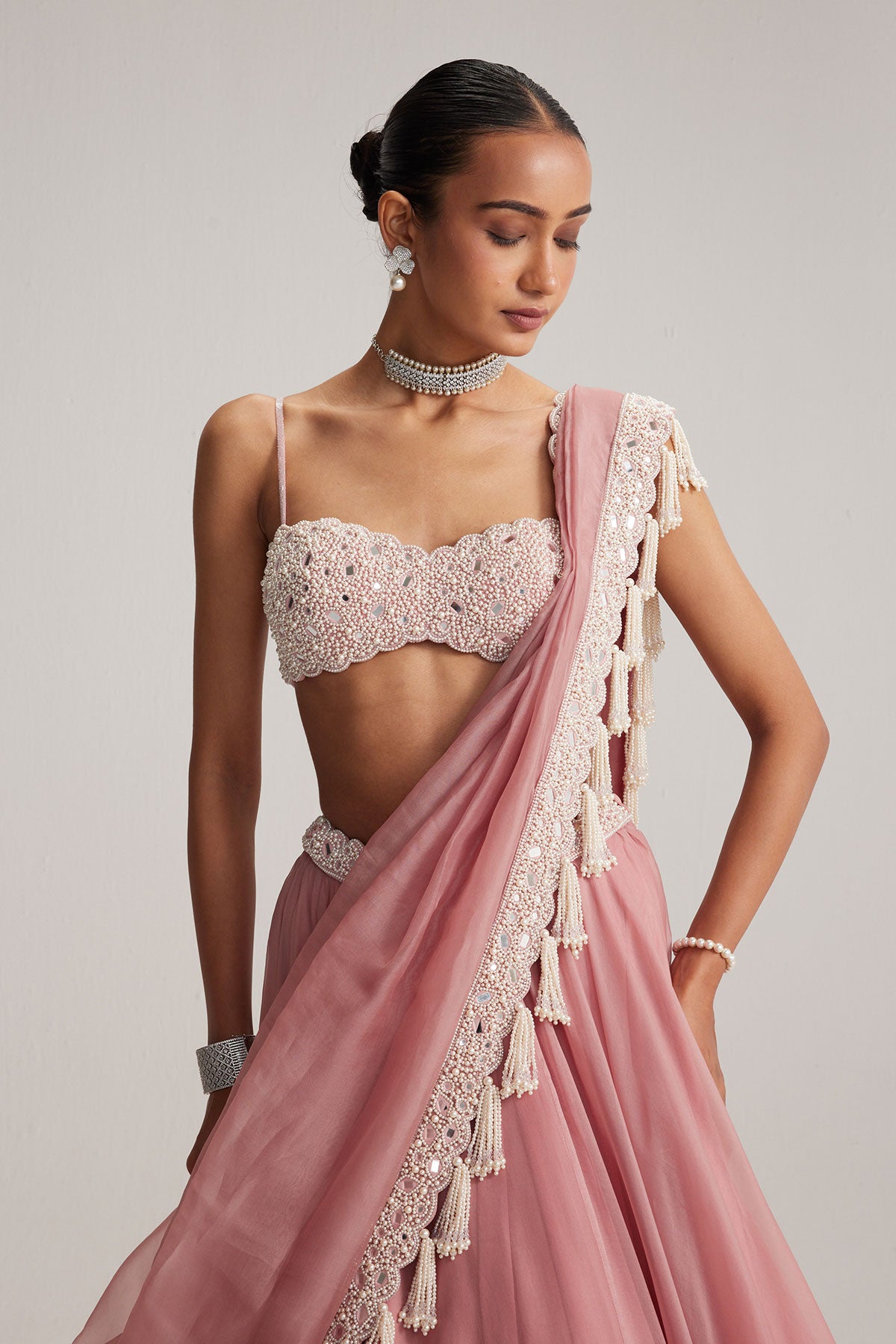 Dusty Rose Organza mirror and pearl lehenga set