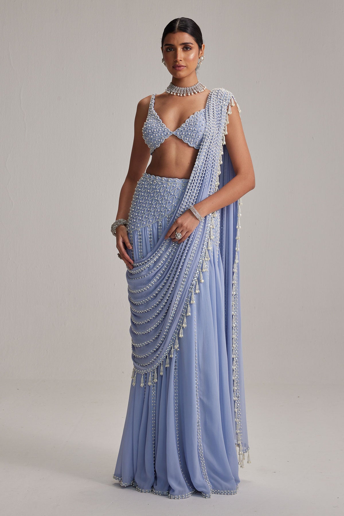 Dew Blue Linear Mirror And Pearl Embroidered Draped Saree Set