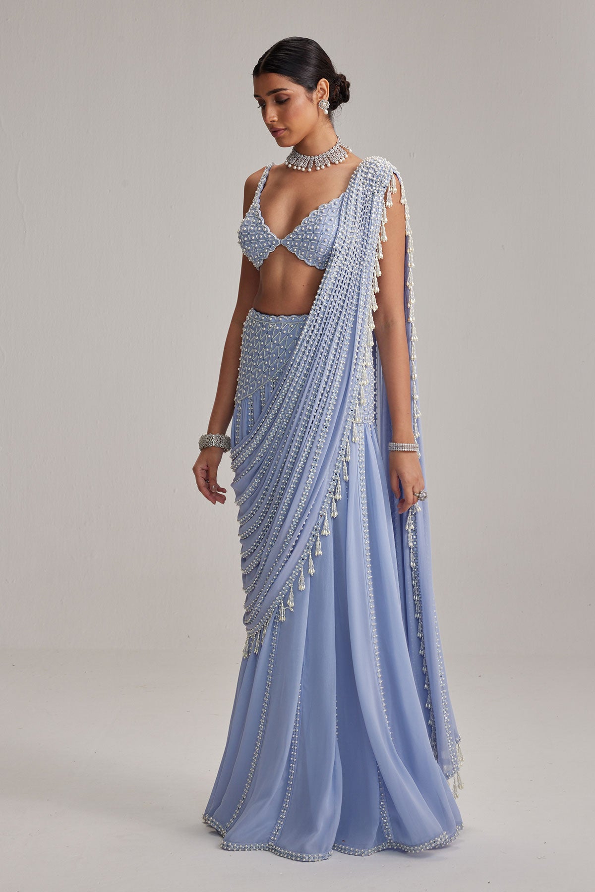 Dew Blue Linear Mirror And Pearl Embroidered Draped Saree Set