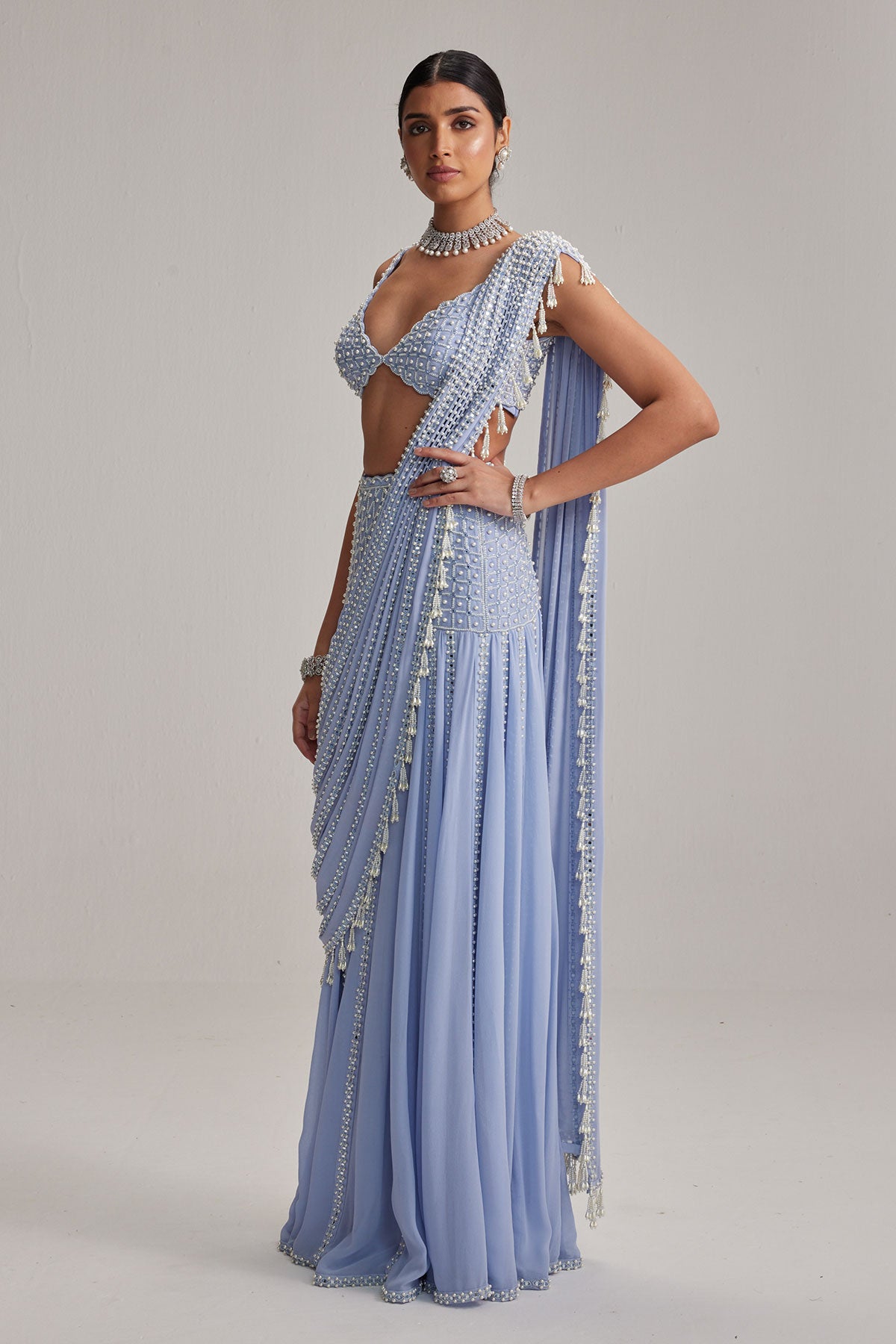 Dew Blue Linear Mirror And Pearl Embroidered Draped Saree Set