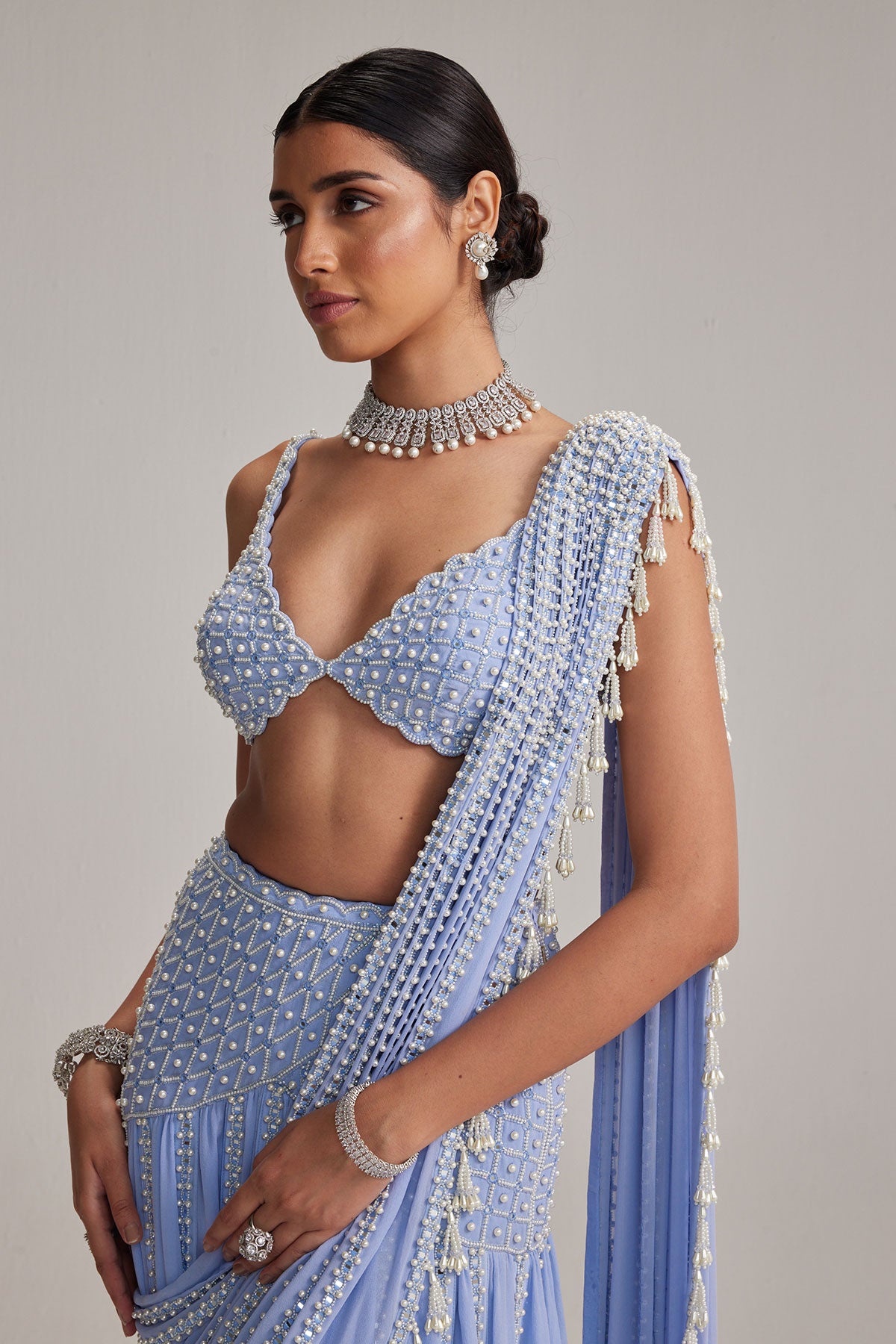 Dew Blue Linear Mirror And Pearl Embroidered Draped Saree Set