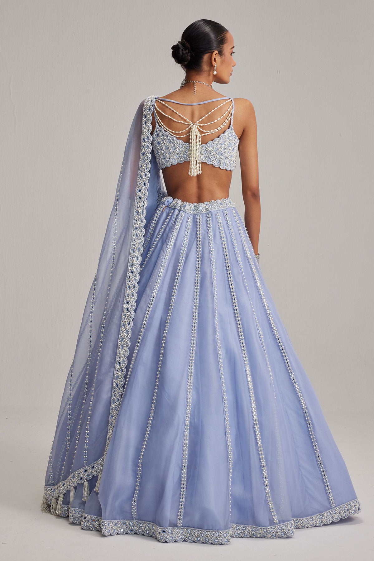 Dew Blue linear Mirror Organza Lehenga Set