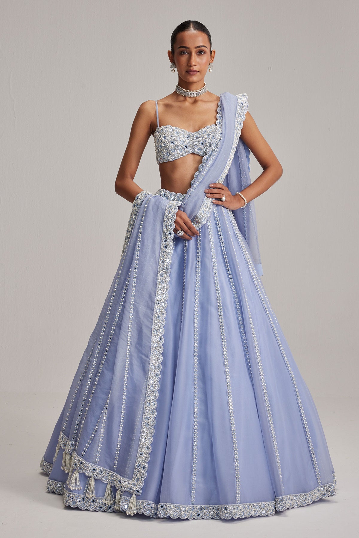 Dew Blue linear Mirror Organza Lehenga Set