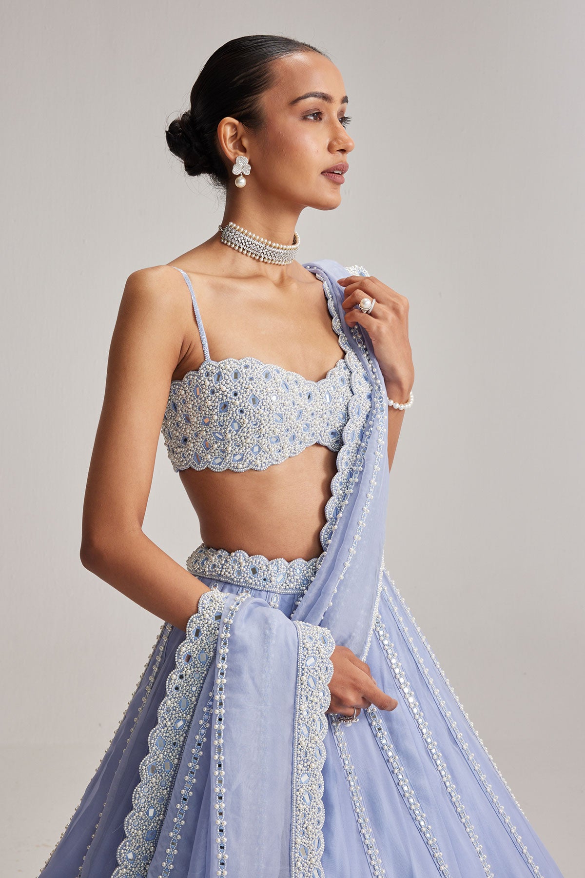 Dew Blue linear Mirror Organza Lehenga Set