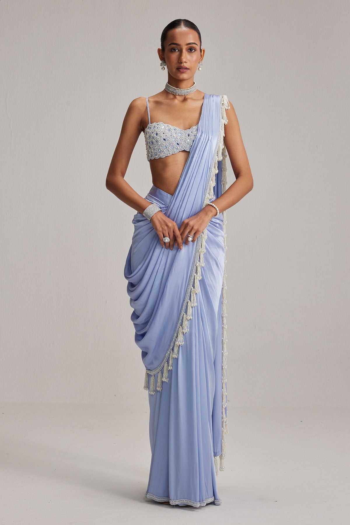 Dew Blue Satin Draped Saree Set