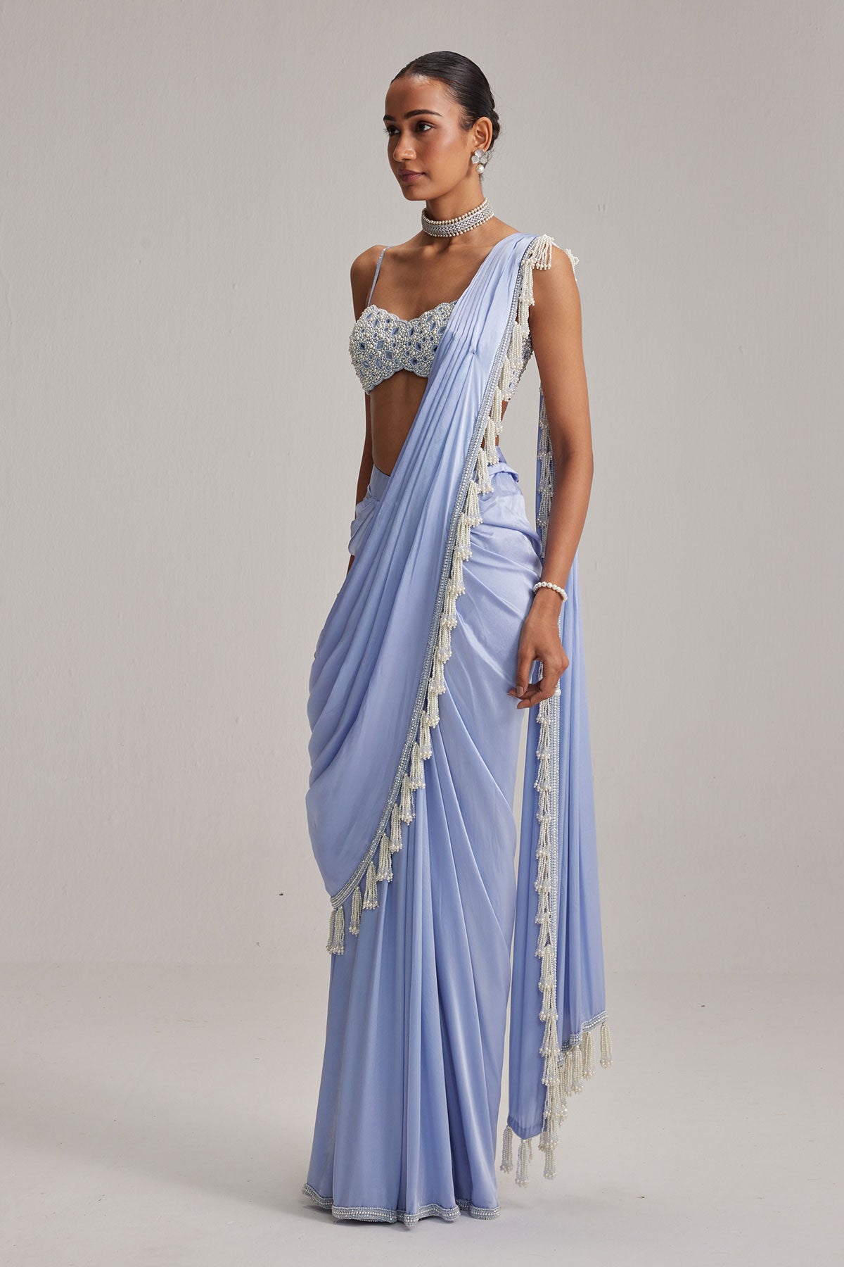 Dew Blue Satin Draped Saree Set