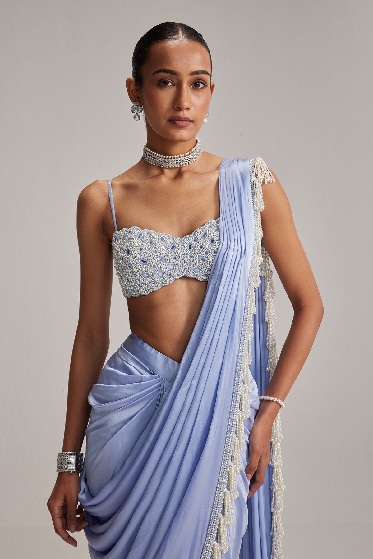 Dew Blue Satin Draped Saree Set