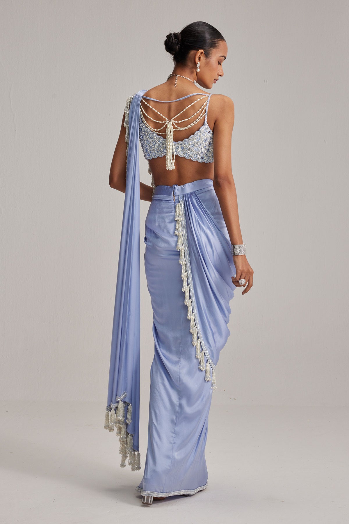 Dew Blue Satin Draped Saree Set