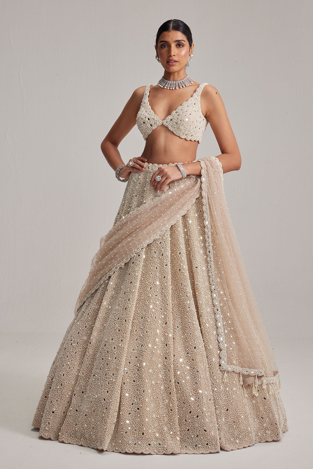 Light Beige Dense mirror and pearl lehenga set