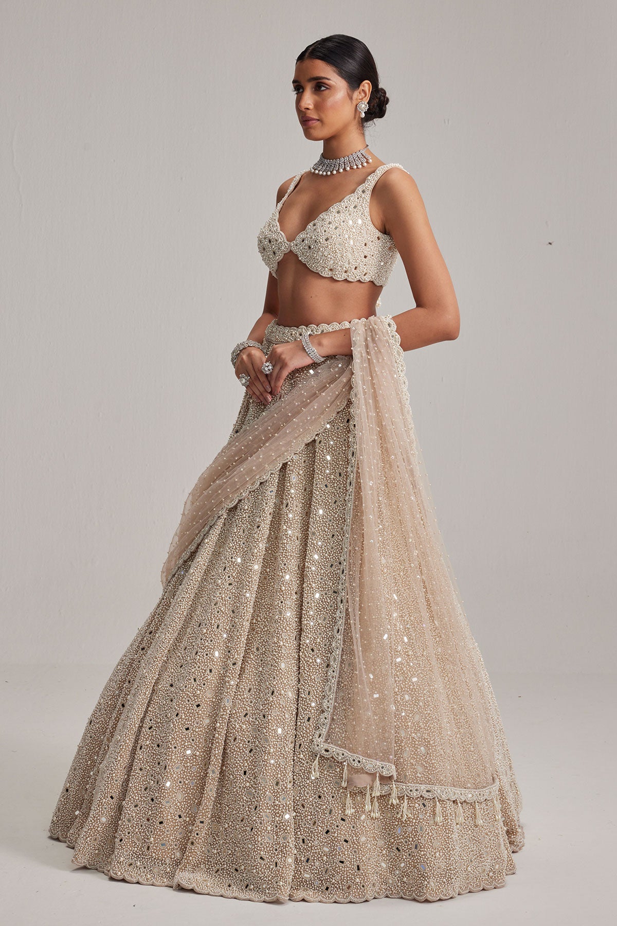 Light Beige Dense mirror and pearl lehenga set